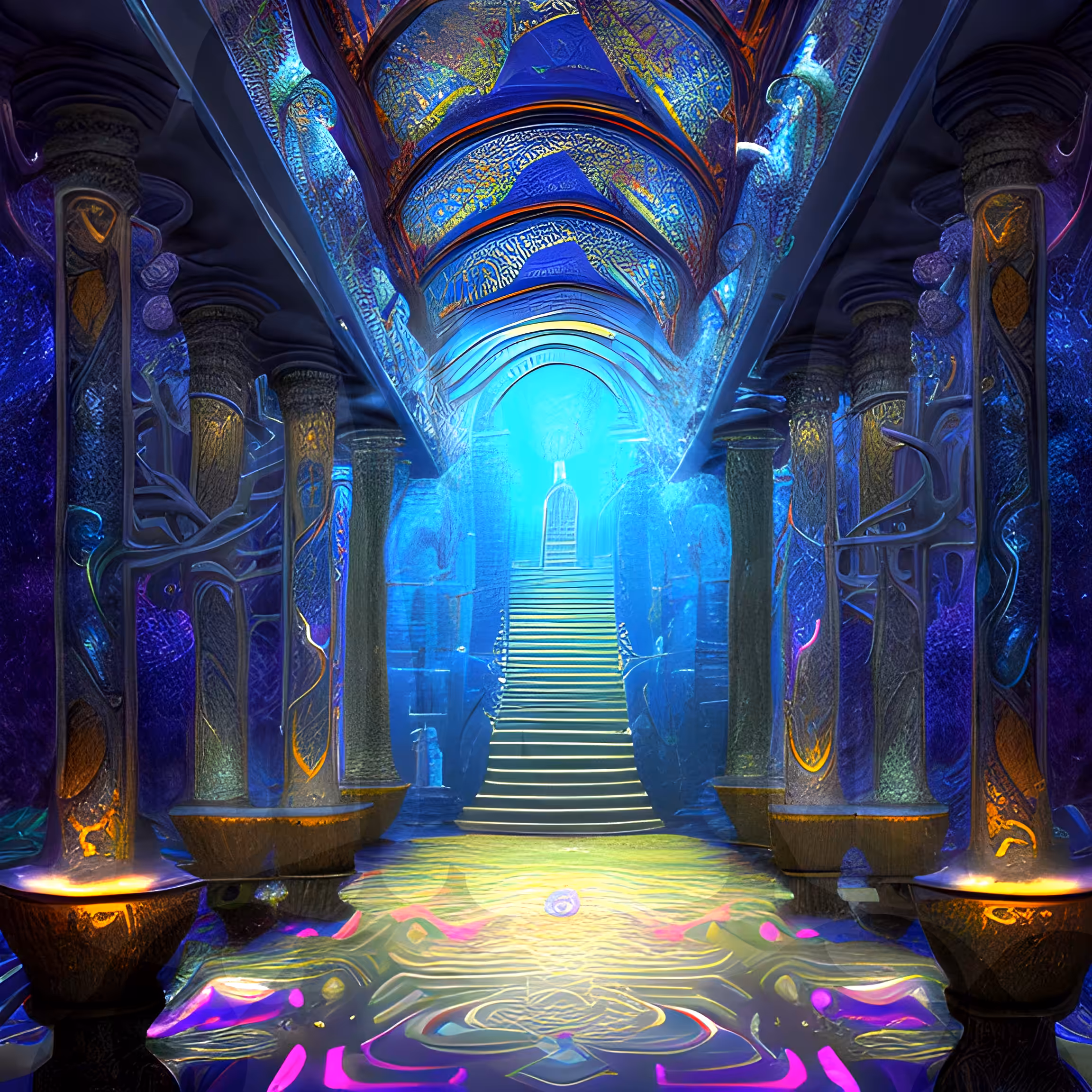 "Crystal Sanctuary: A Temple Great Hall with Optical Illusions"