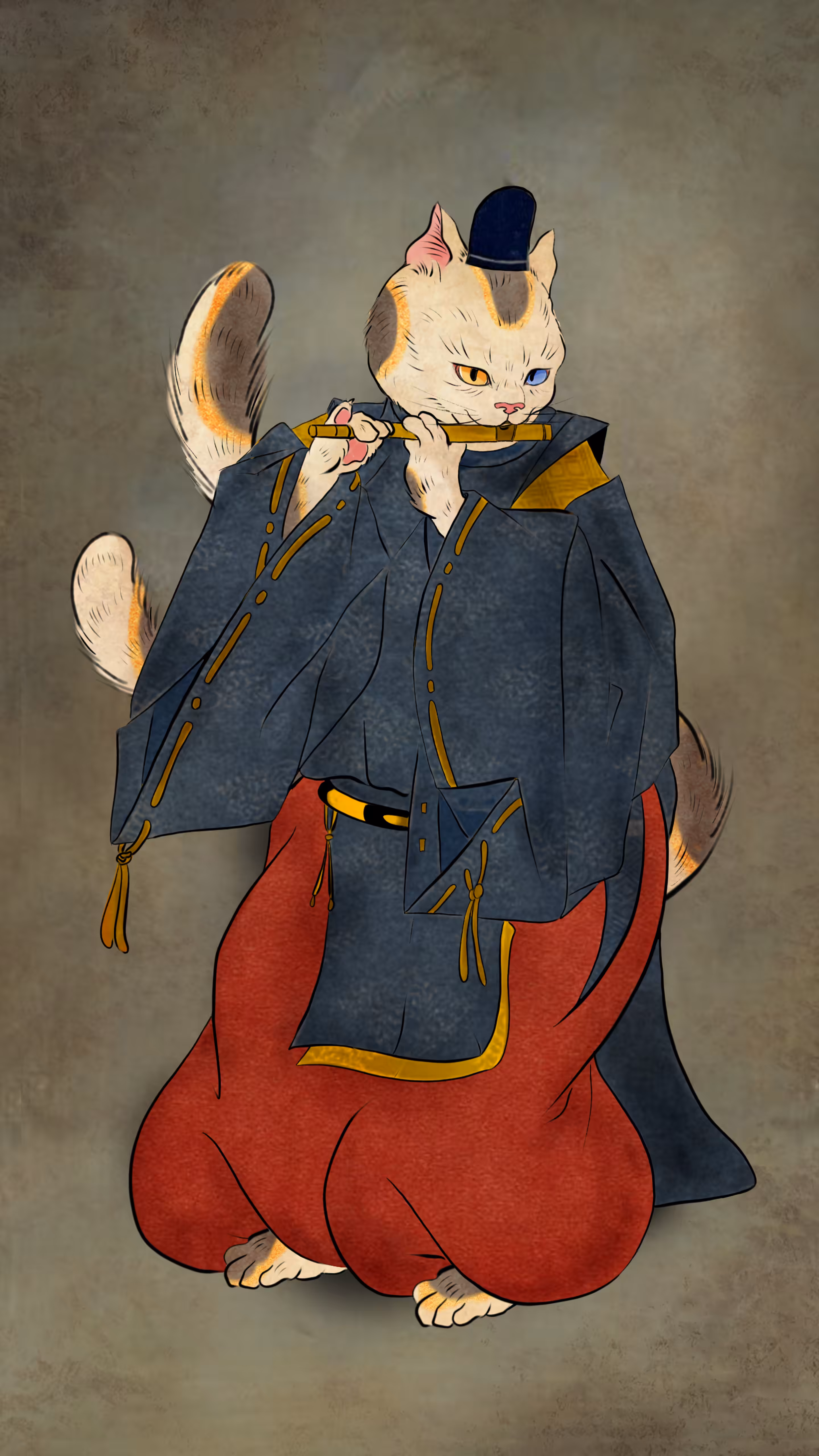 Cat blowing a shinobue whistle