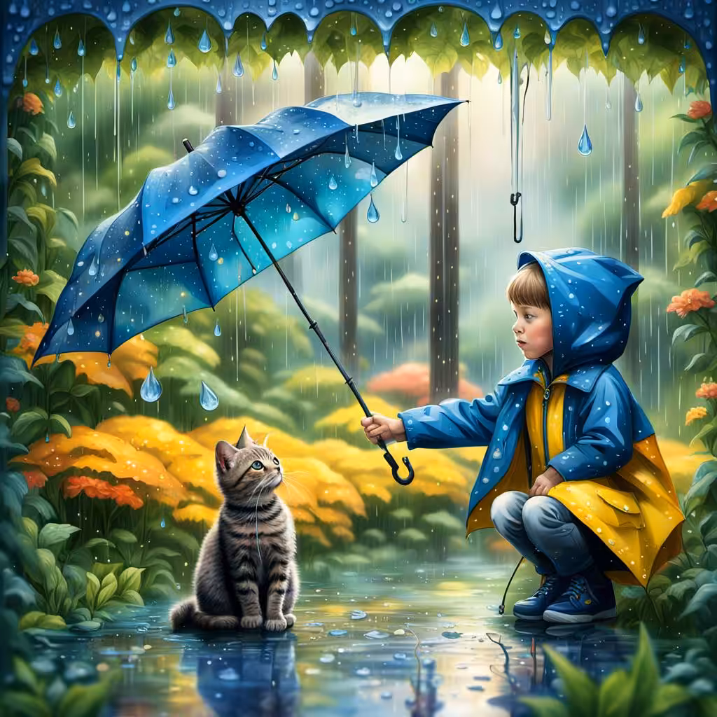 Little Girl and A Cat Under The Raindrops