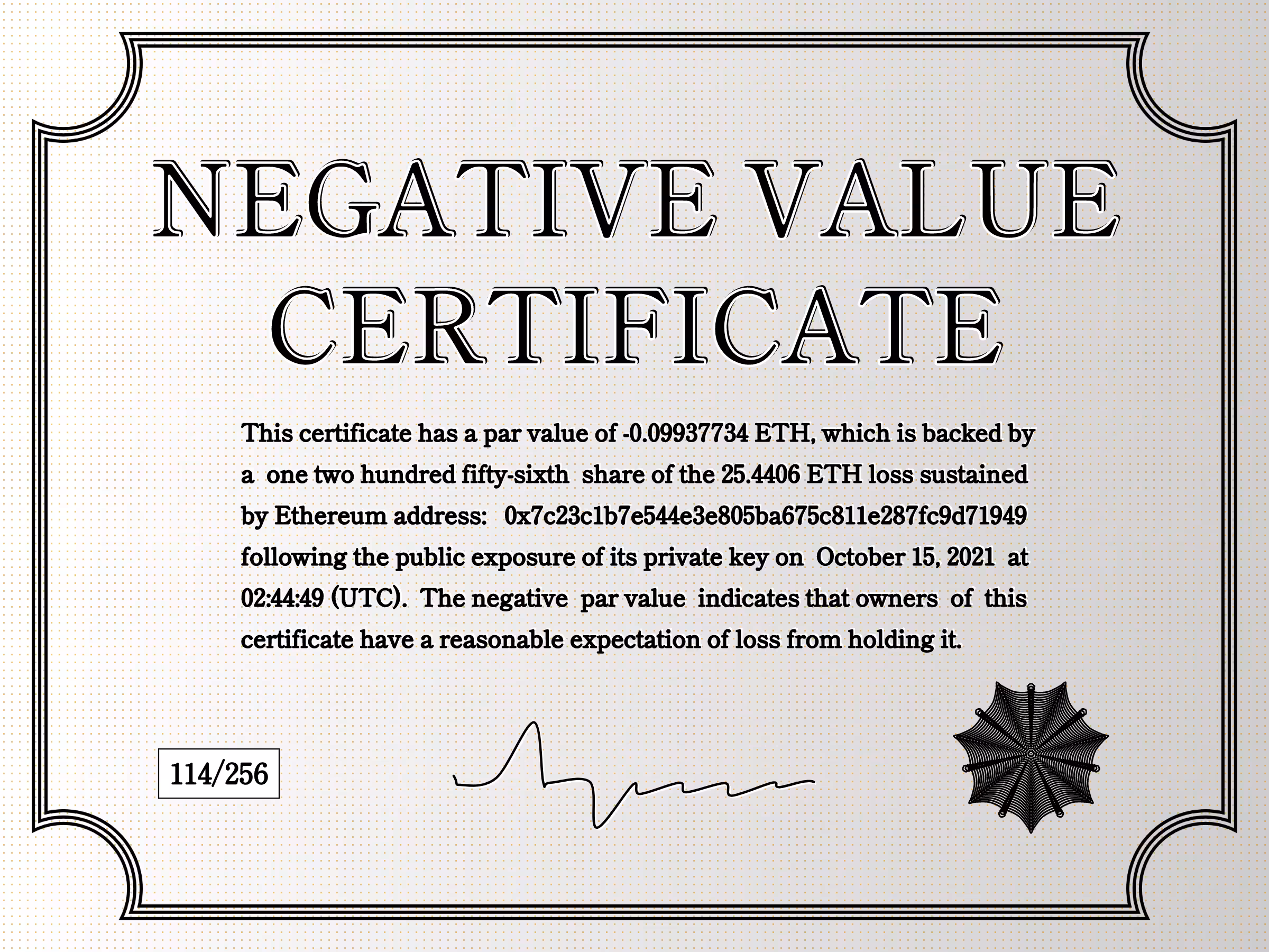 Negative Value Certificate #114 of 256