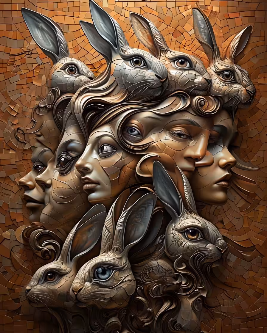 Mosaic Artwork Blending Human Faces And Rabbits In Earthy Tones