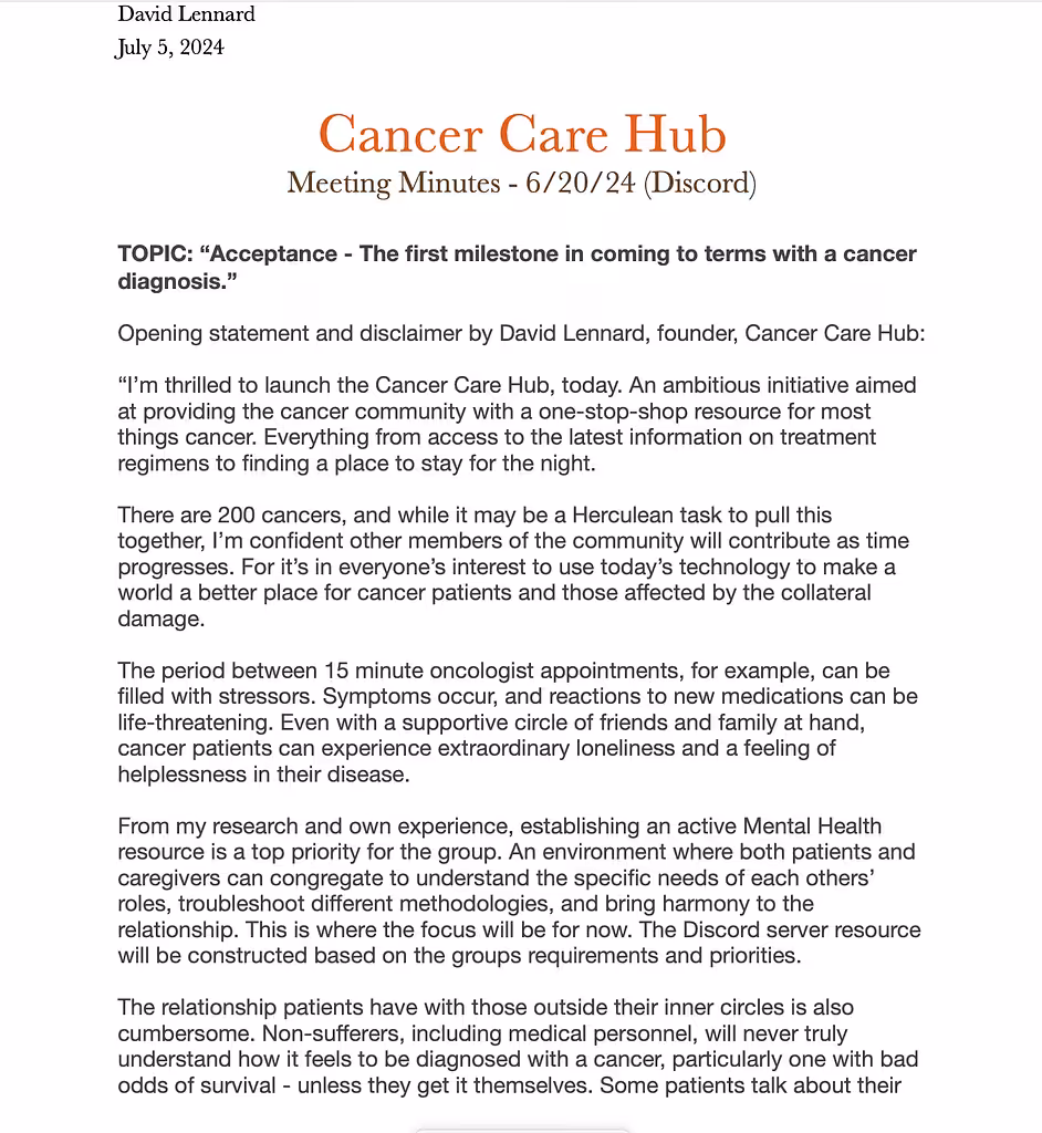 Cancer Care Hub - Minutes 6/20/2024