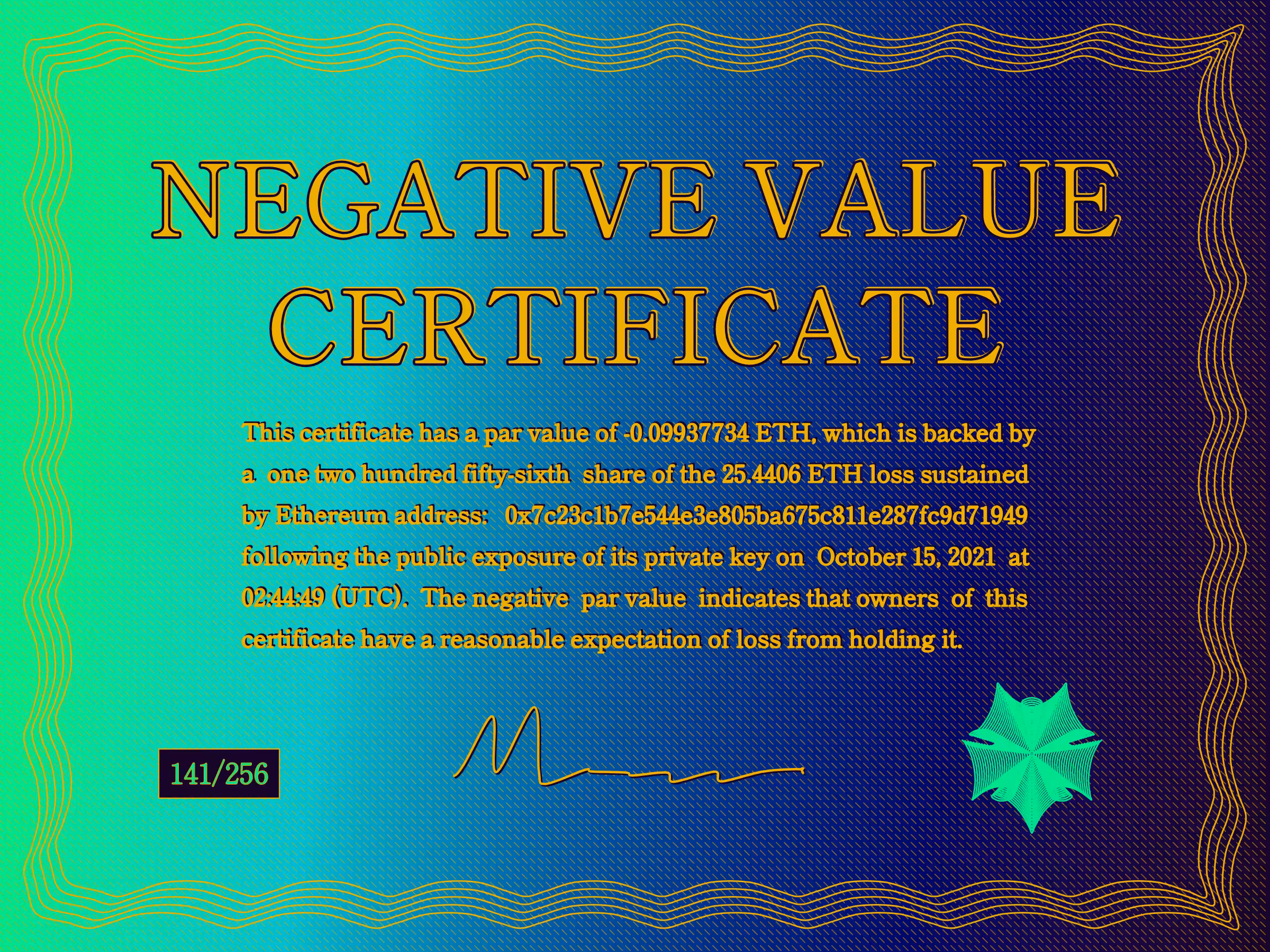 Negative Value Certificate #141 of 256