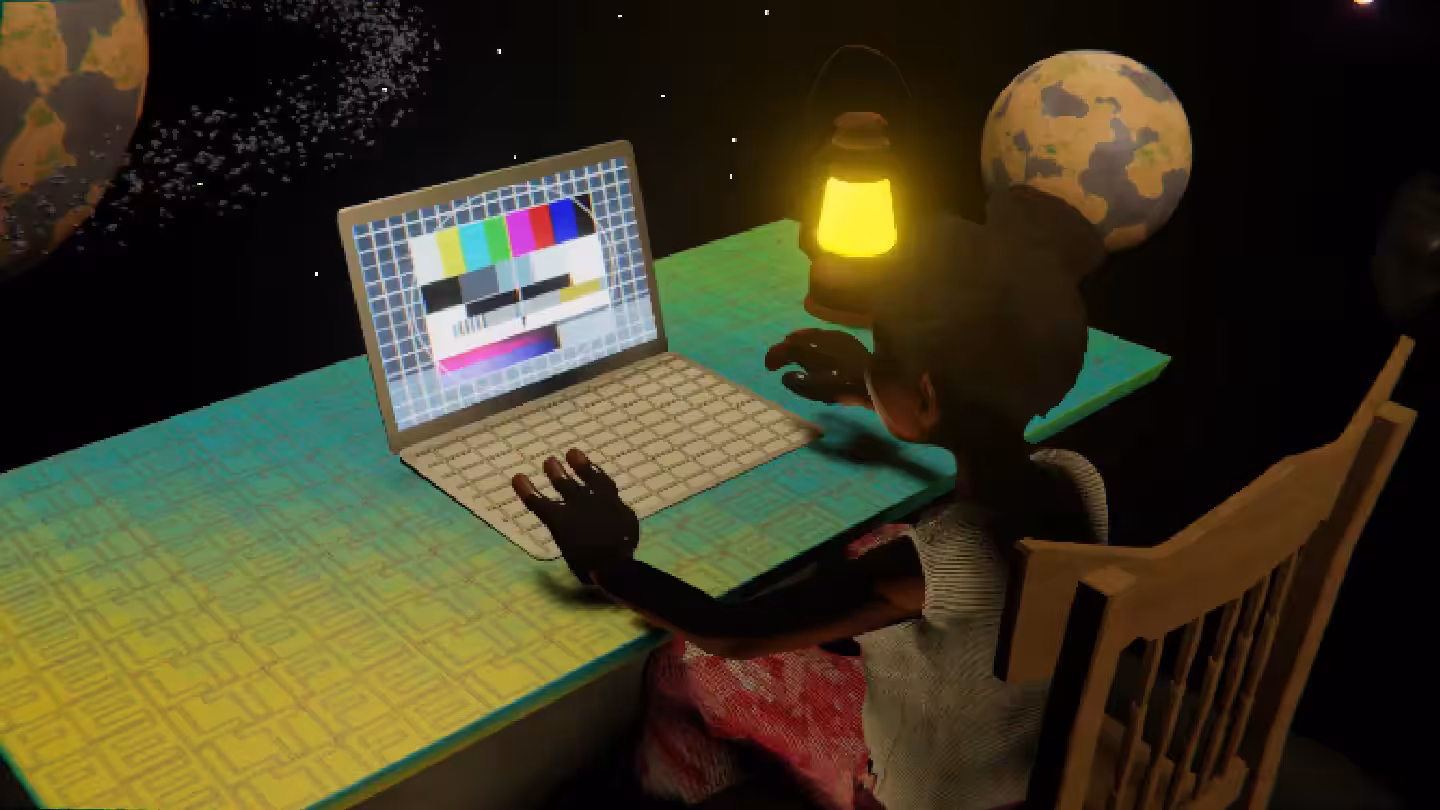 Desktop #243: The Military Brat in the French Wood Chair With a Gas Lamp and a Please Stand By Monitor on a Green FELT Zine Table in Space