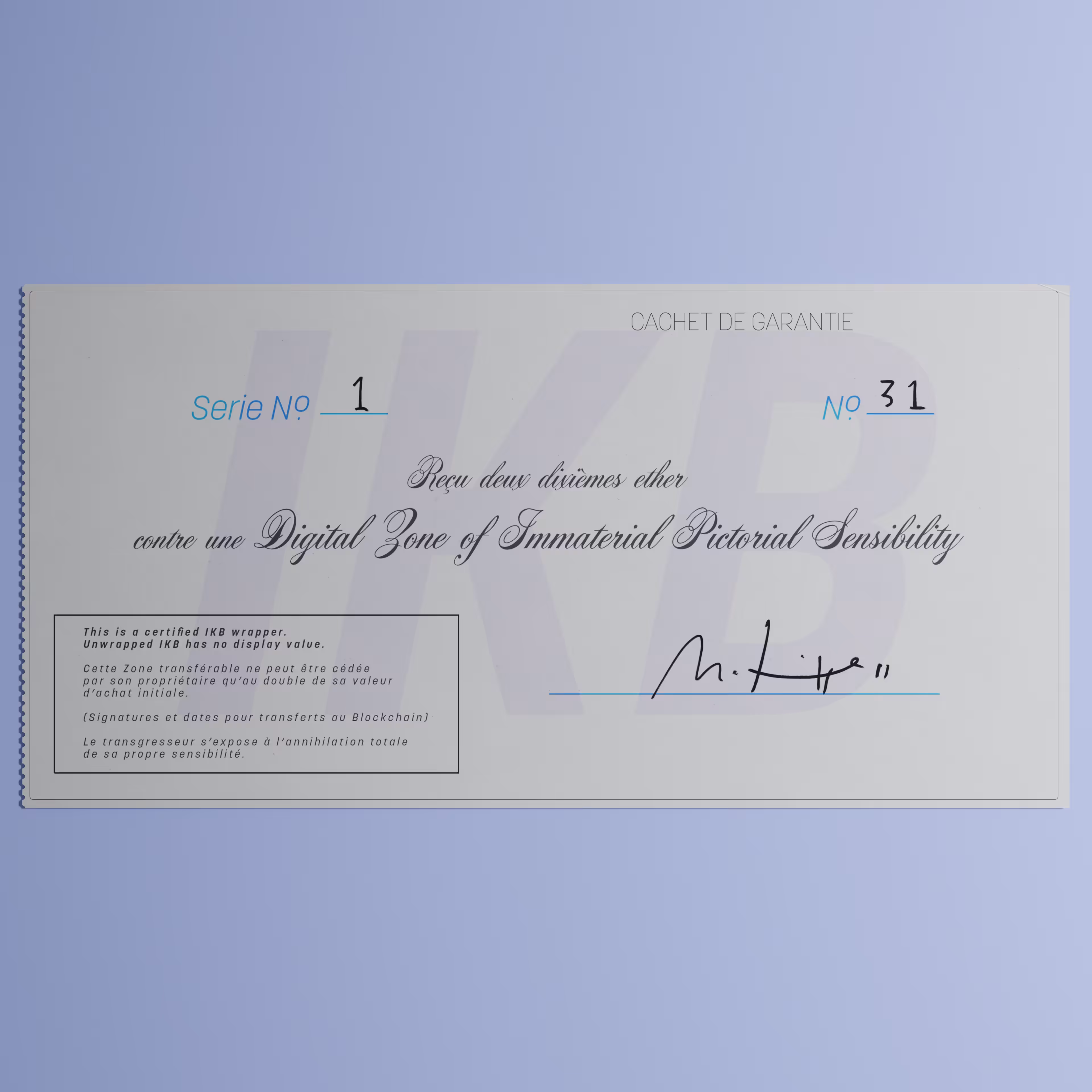 Digital Zone of Immaterial Pictorial Sensibility, Series 1, Edition 31. (Wrapped)