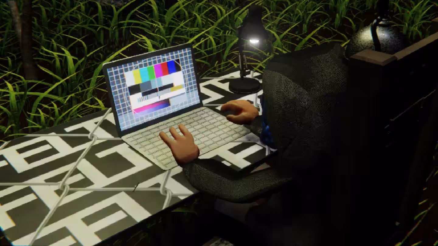 Desktop by Felt Zine: Desktop #176: The Hacker in the Electric Chair With a Desk Lamp and a Please Stand By Monitor on a Barbed Wire Table in The Forest