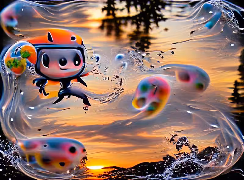 Abraham's First Works: bubble frog jumping in water at sunset