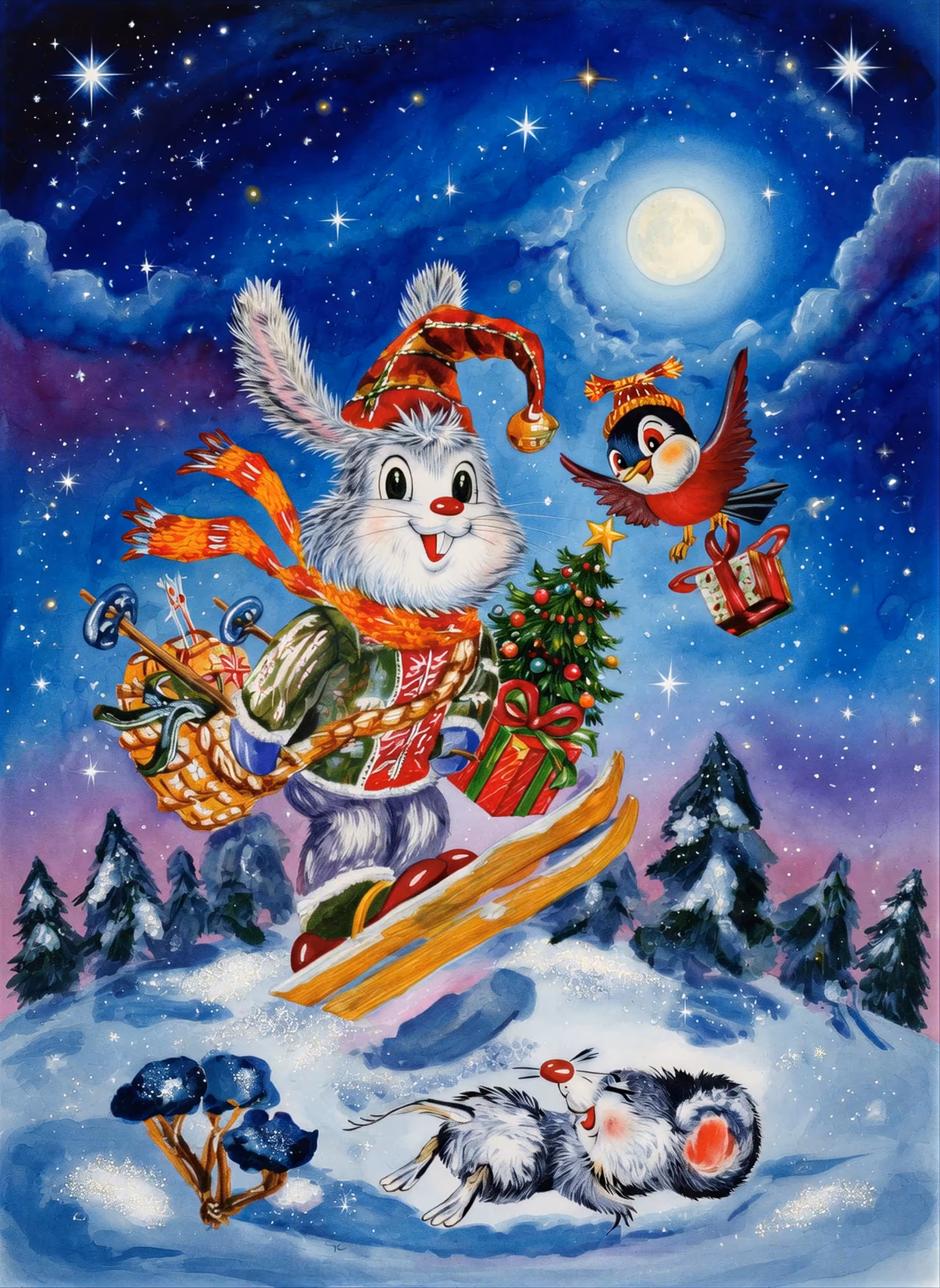 A hare on skis on New Year's Eve