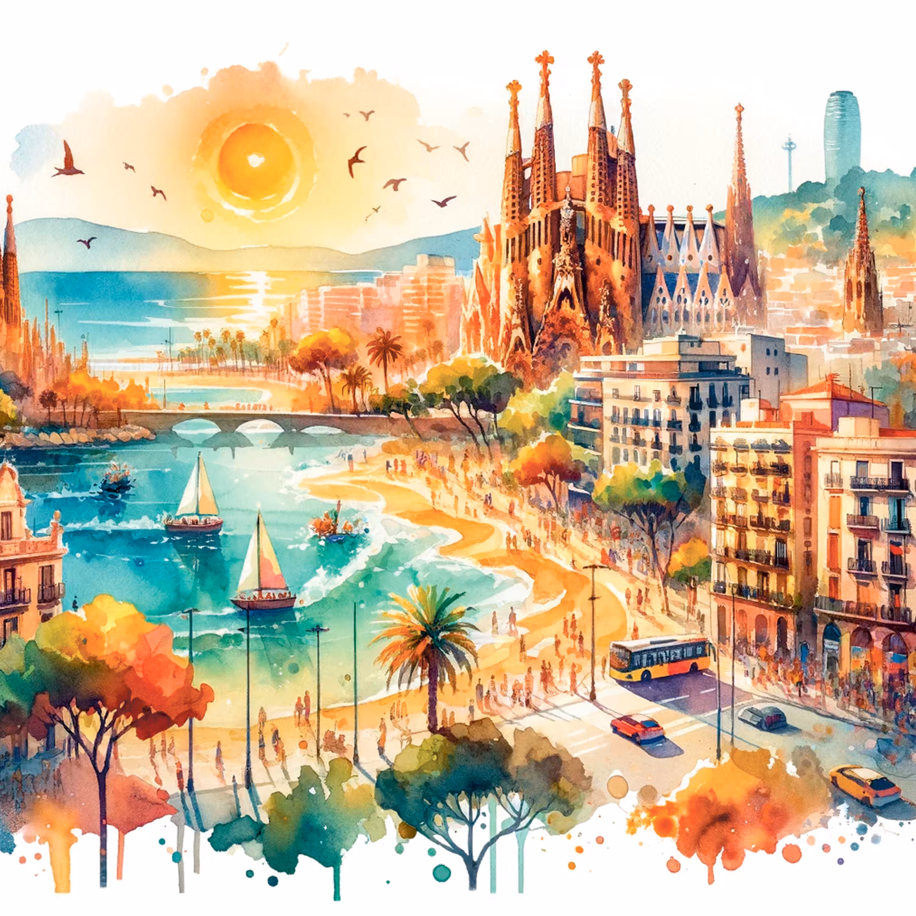Watercolor Skylines - Barcelona #1