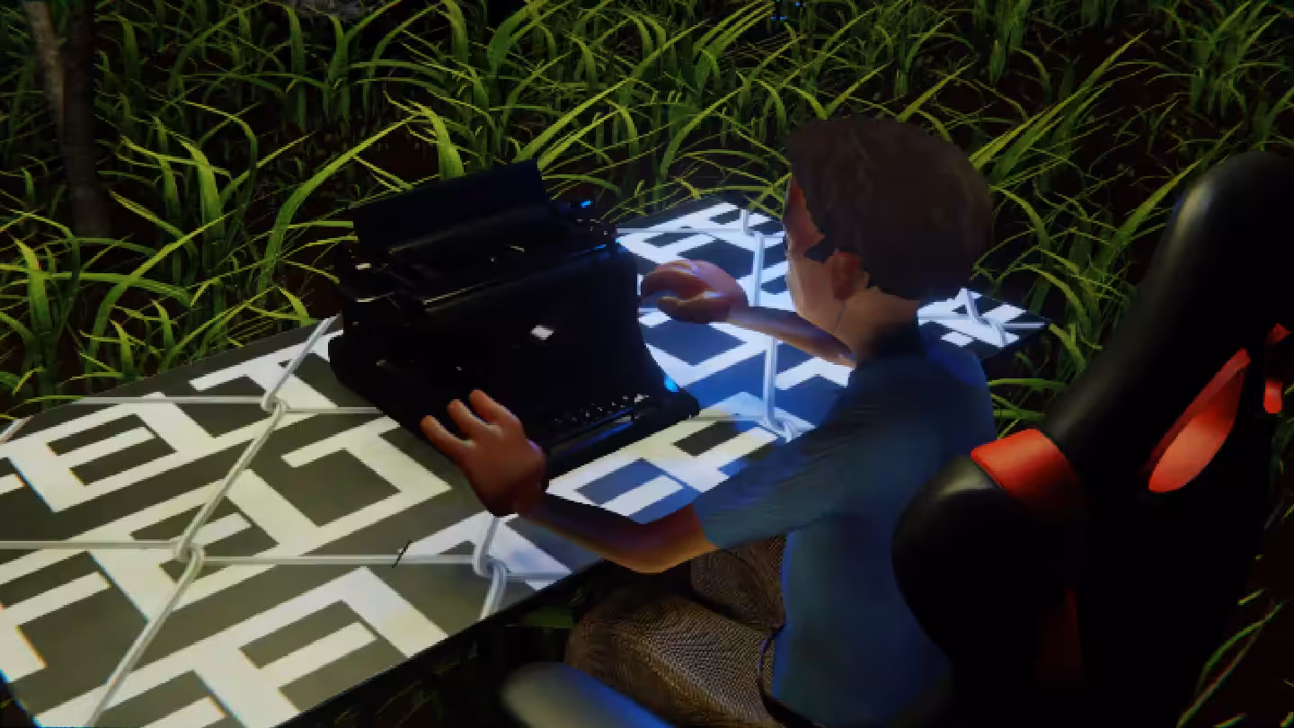 Desktop #329: The Developer in the Gaming Chair With a Drone and a Typewriter on a Barbed Wire Table in The Forest