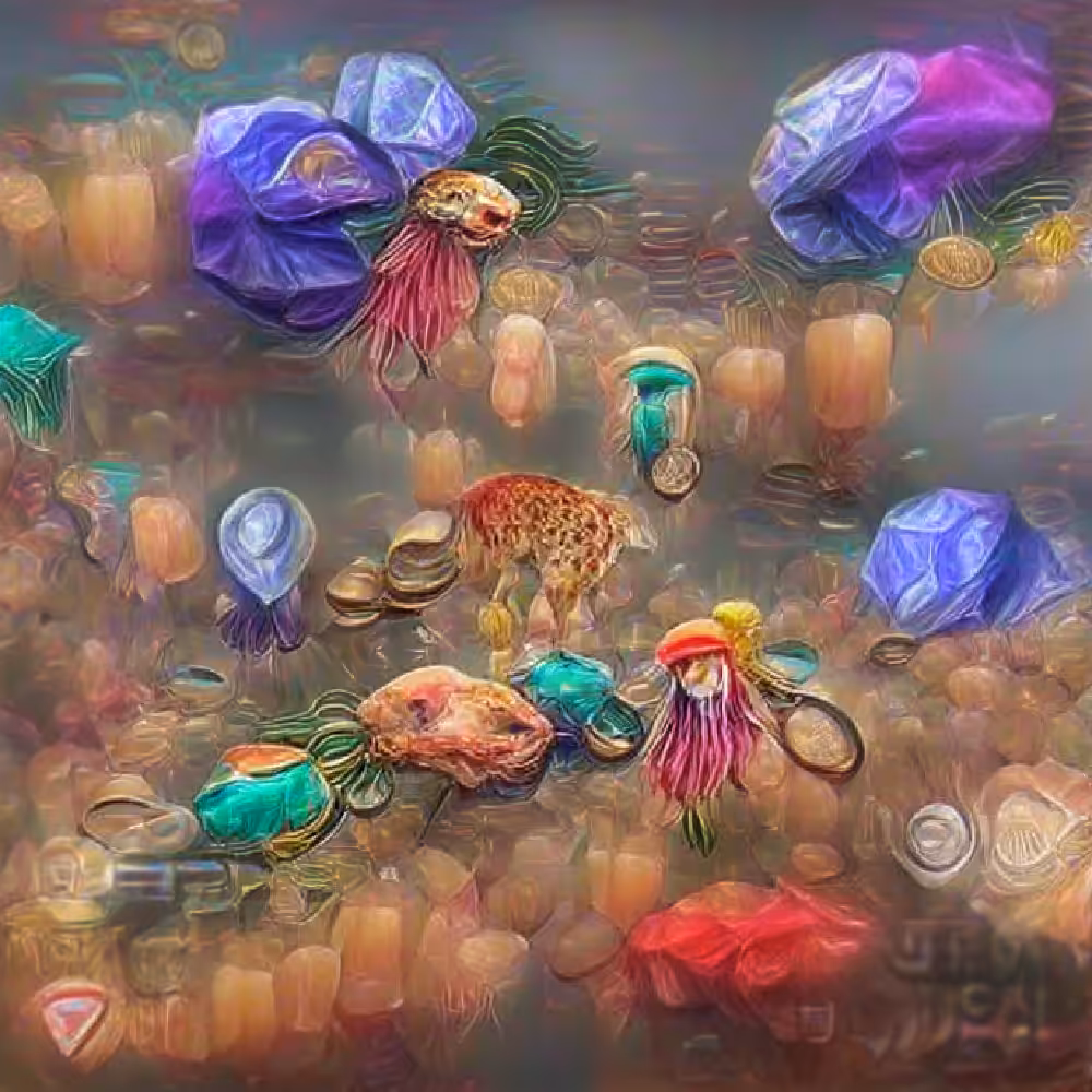 Jellyfish Swimming Among Gems