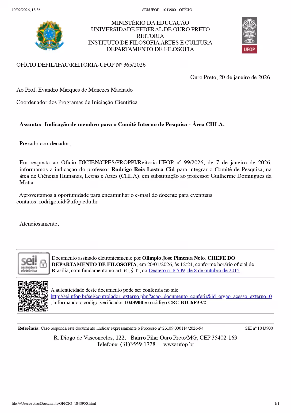 Portaria - Rodrigo Cid na Comissão da PROPPI - UFOP