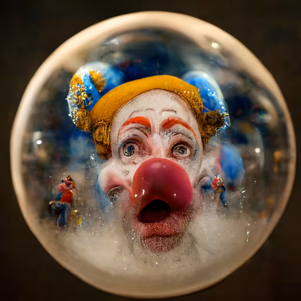 A clown is hunting a bubble inside a porcelain opera house V9