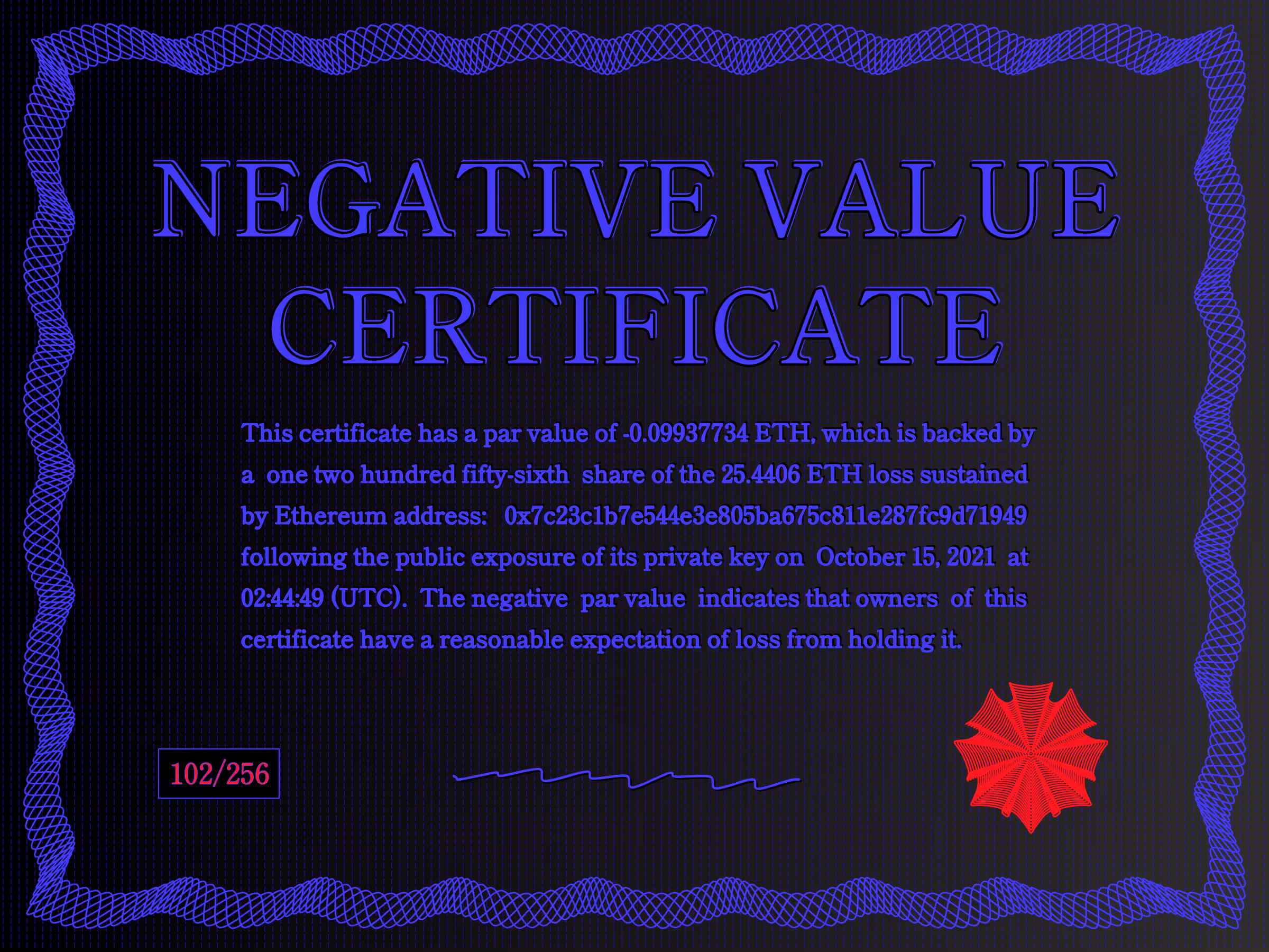 Negative Value Certificate #102 of 256