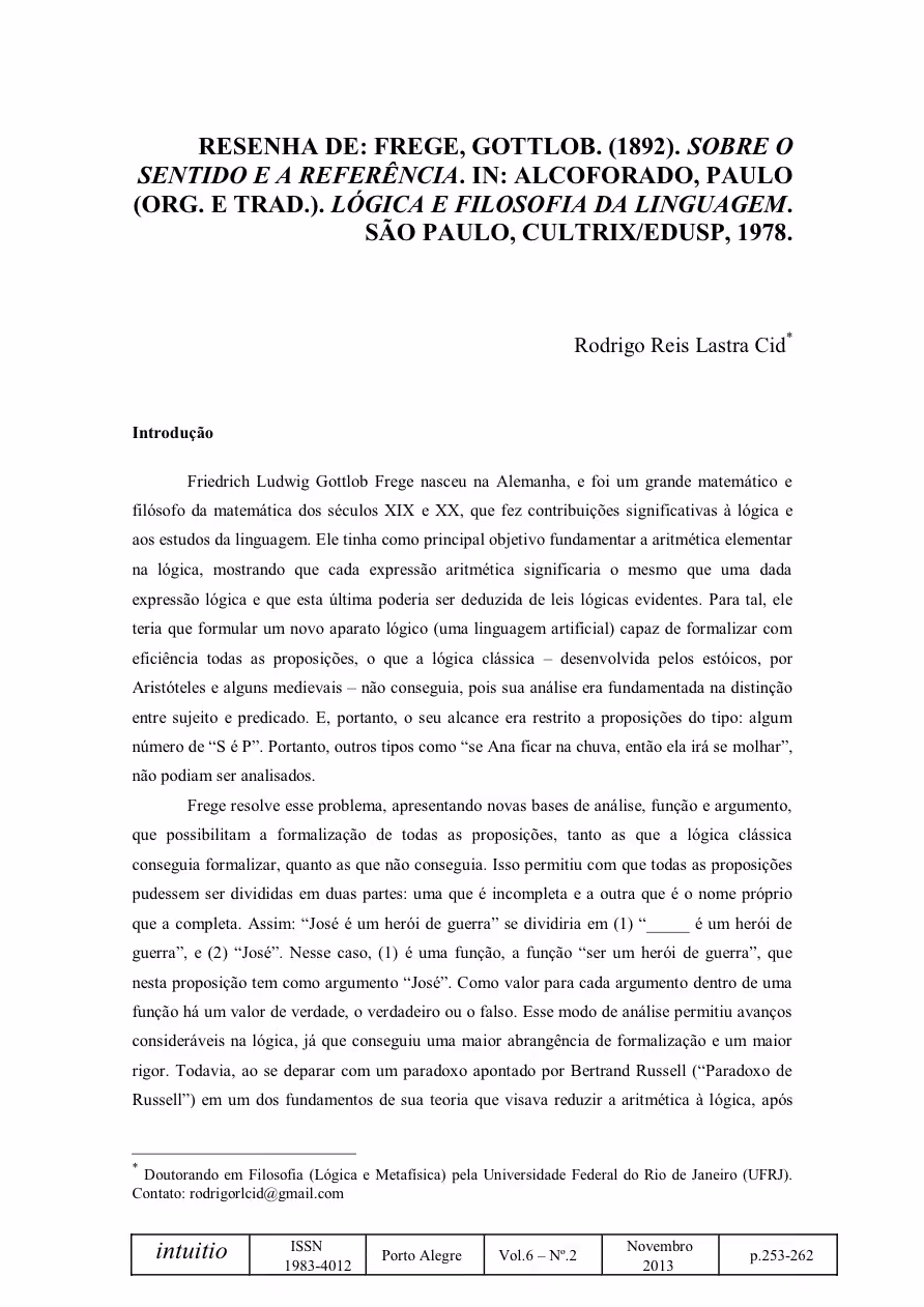 RODRIGOCID:  Resenha- Sobre o Sentido e a Referência, de Frege - Intuitio
