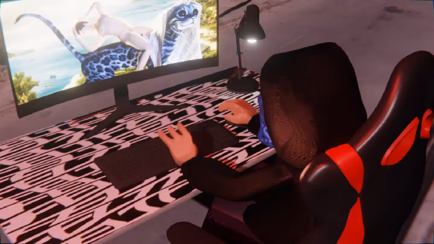 Desktop #144: The Hacker in the Gaming Chair With a Desk Lamp and a Kitty Monitor on a Pattern Table in Conflict