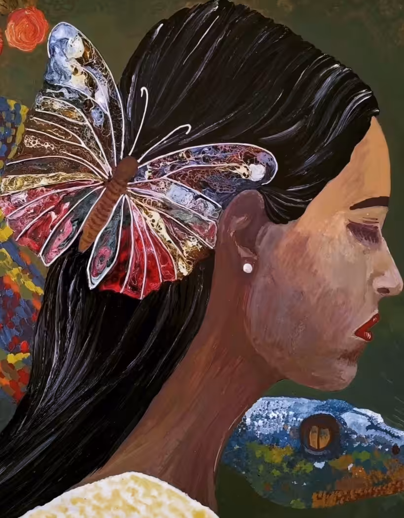 Whispers of Transformation: The Enchanting Dance of Woman, Snake, and Butterfly
