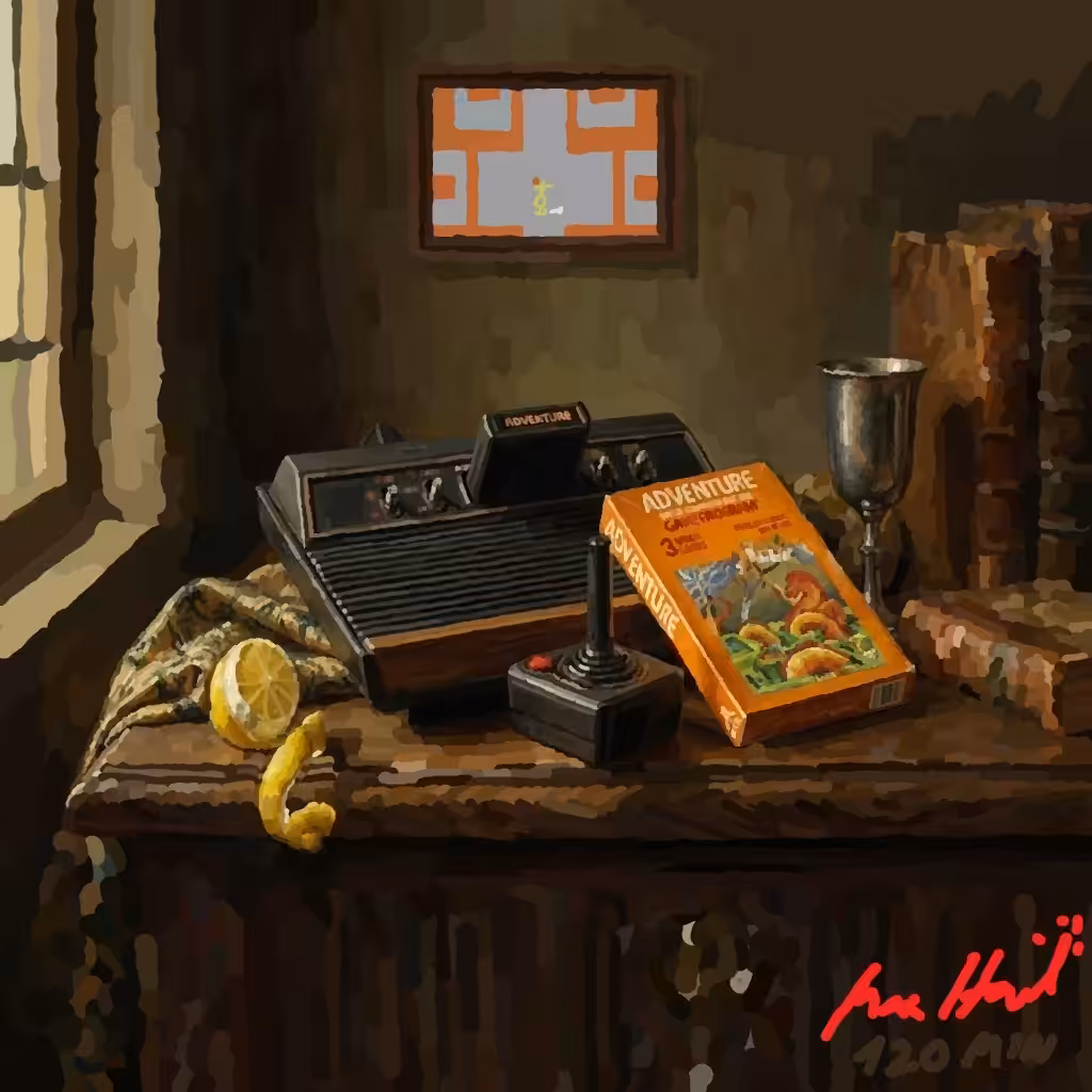 Atari 2600 console, "ADVENTURE" game cartridge inserted into console, original orange "ADVENTURE" game box, and joystick