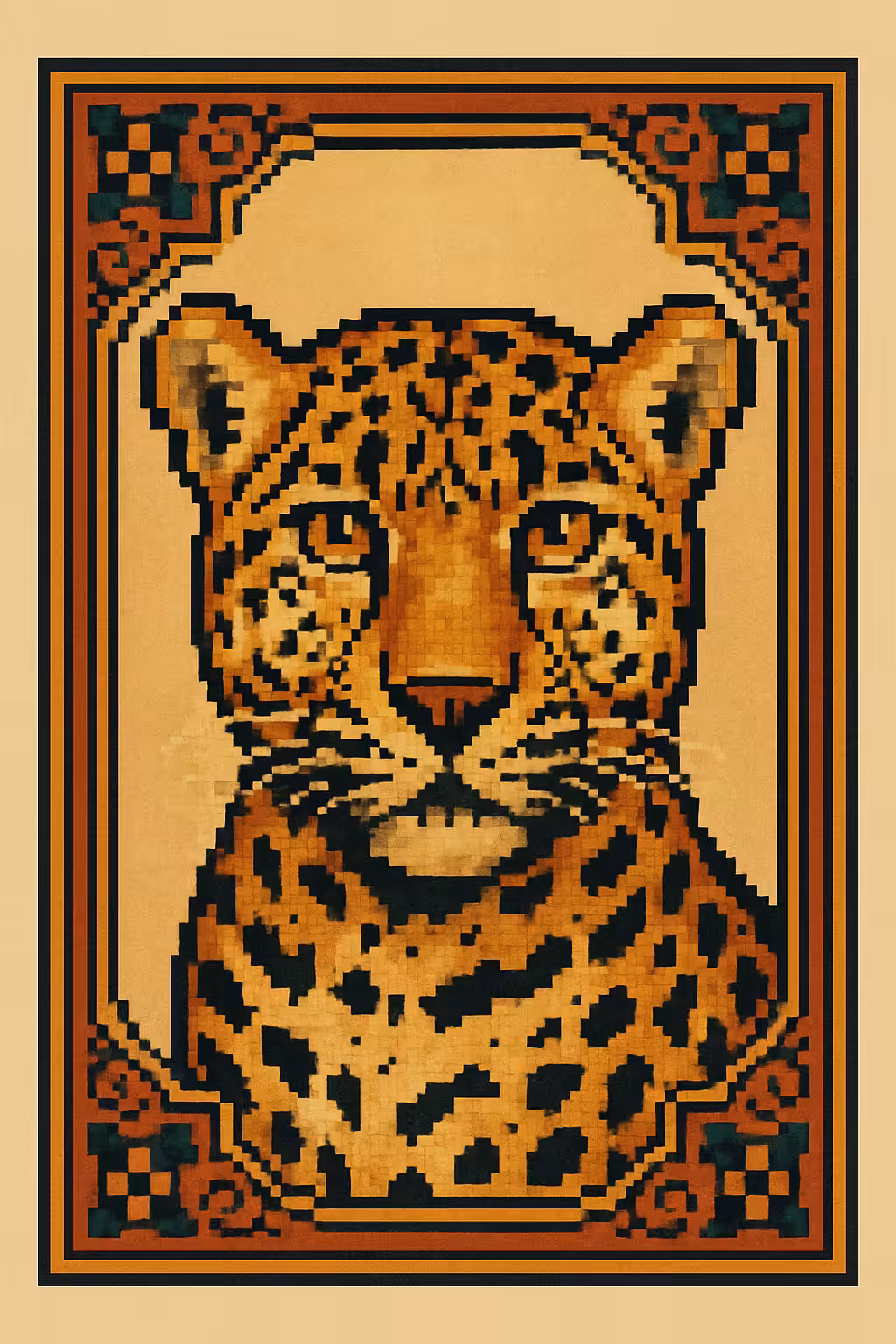 A pixel-art Persian leopard set within a traditional carpet motif. A digital echo of the elusive guardian of Iran’s highlands — powerful, graceful, and fading.
