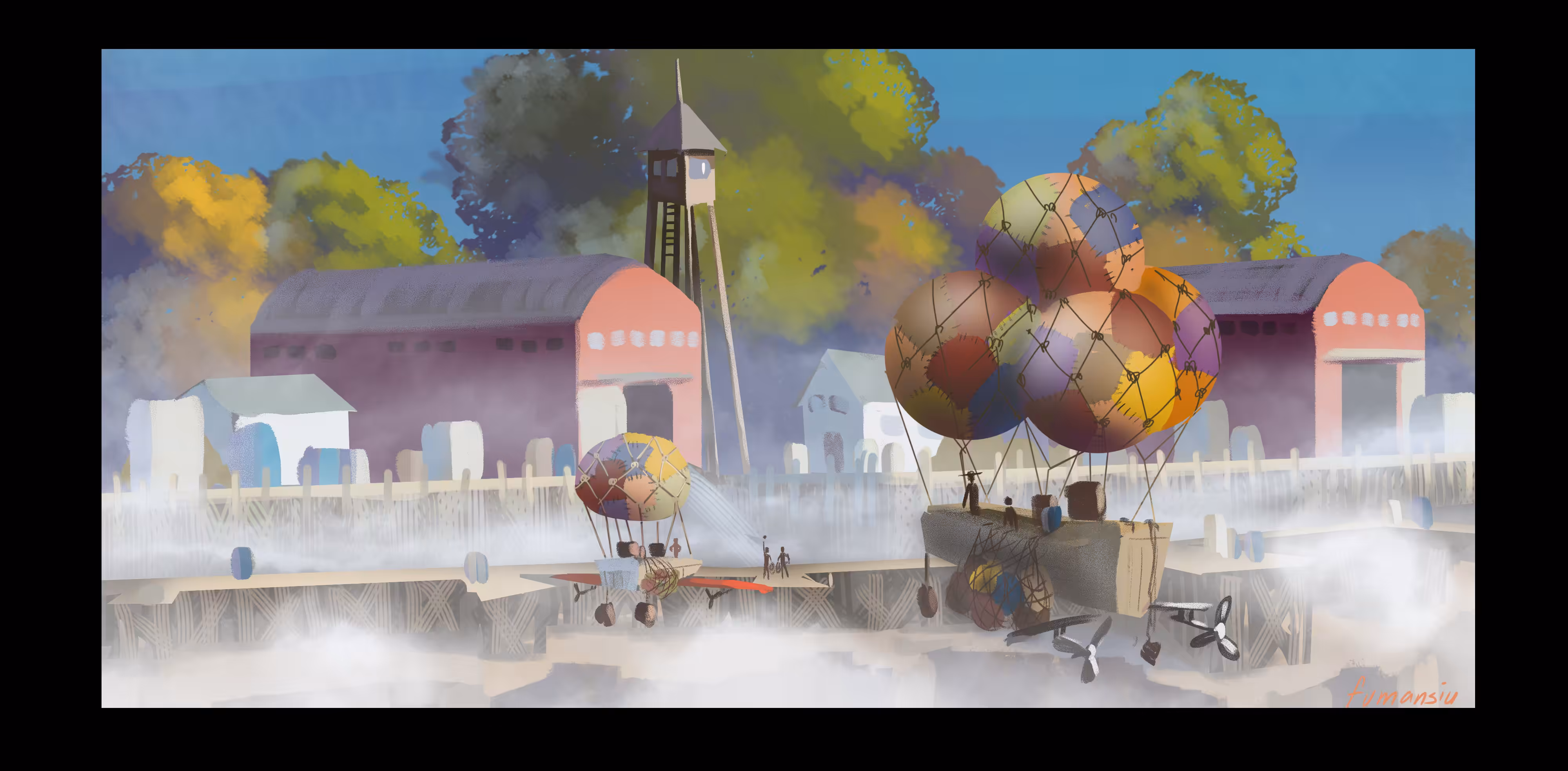 Small town harbor port in the clouds
