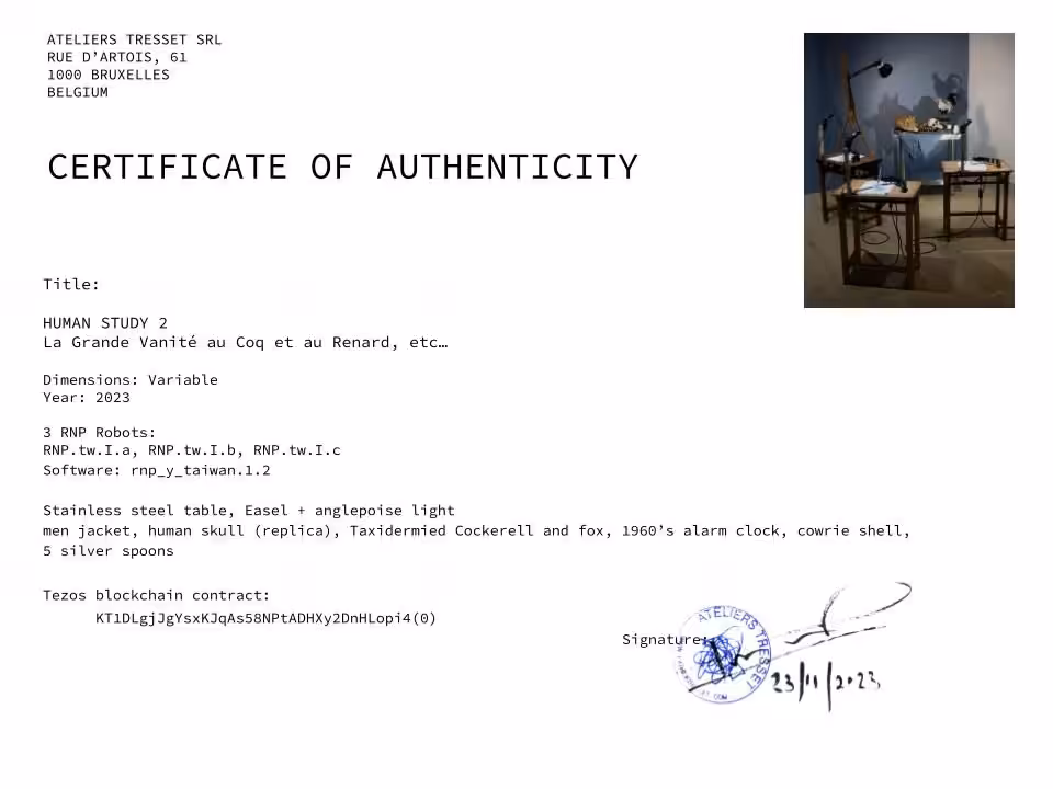 Certificate of Authenticity, HUMAN STUDY 2, La Grande Vanité au Coq et au Renard, etc…