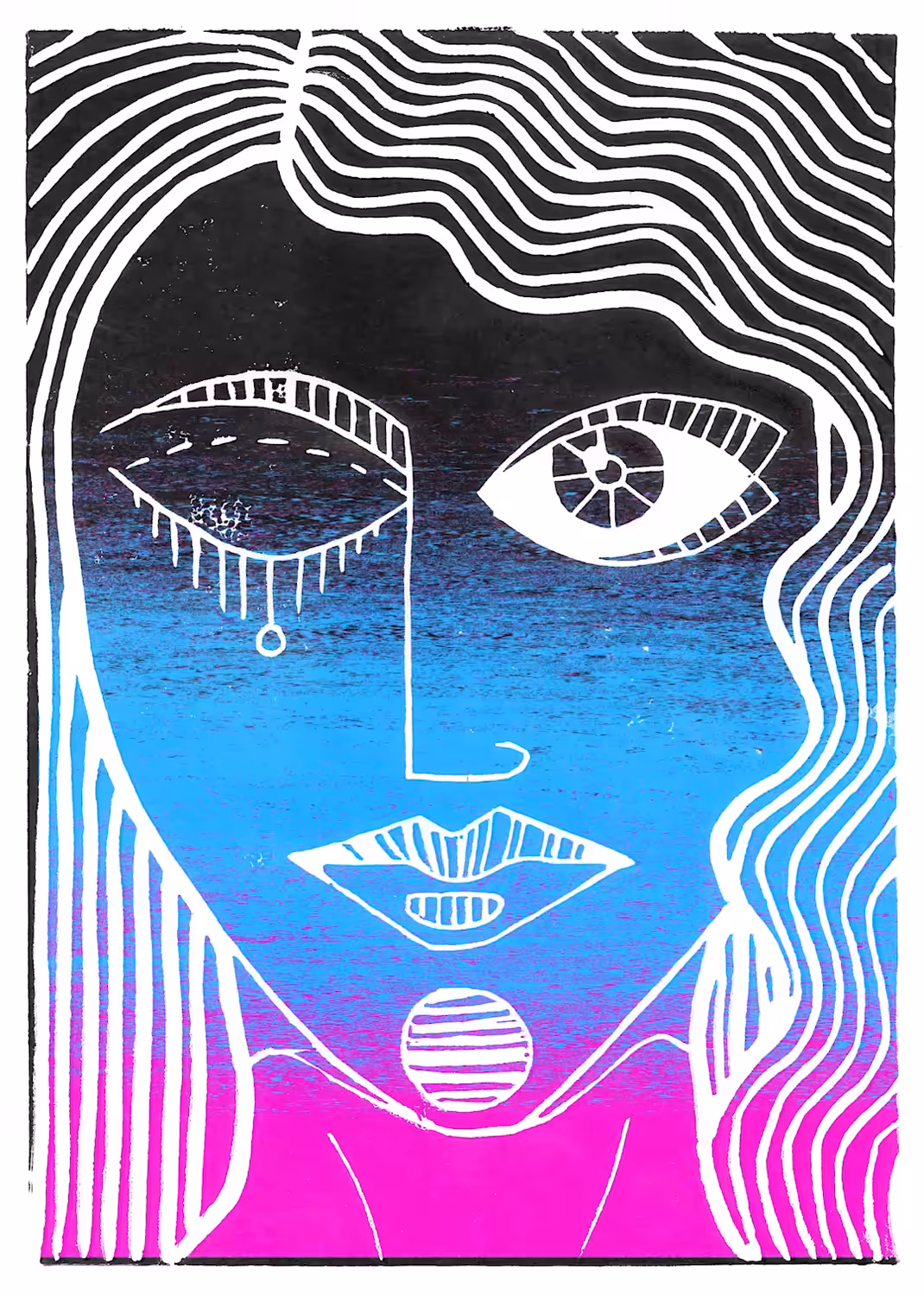 Lady Blank Stare 04 (hand cut lino print with digital glitch art)
