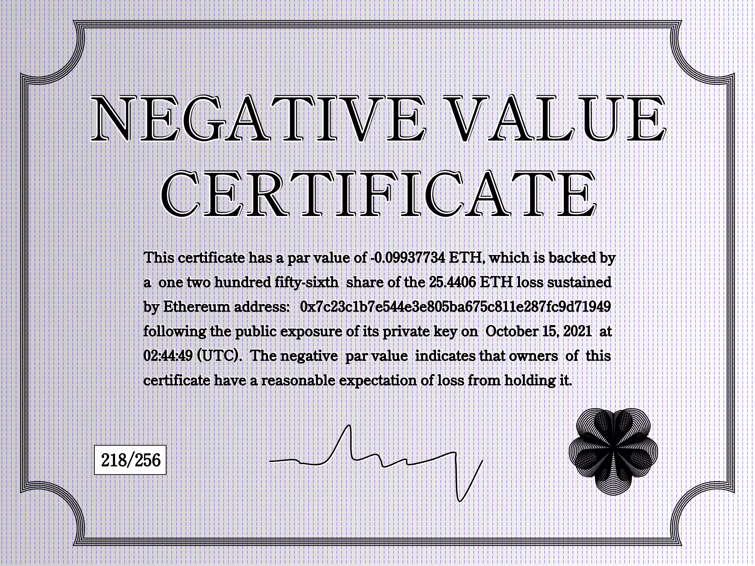 Negative Value Certificate #218 of 256