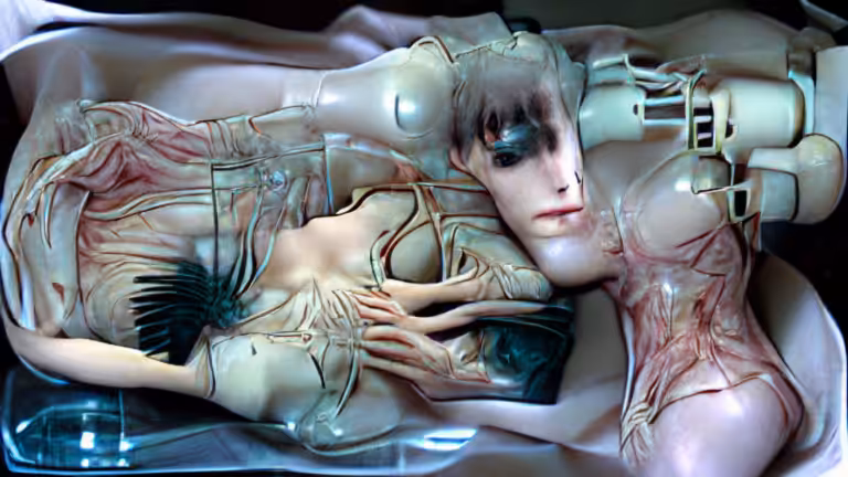the replicant doll fell in love with Galatea. their anatomies fused into one single self by David Cronenberg (pixray_genesis)