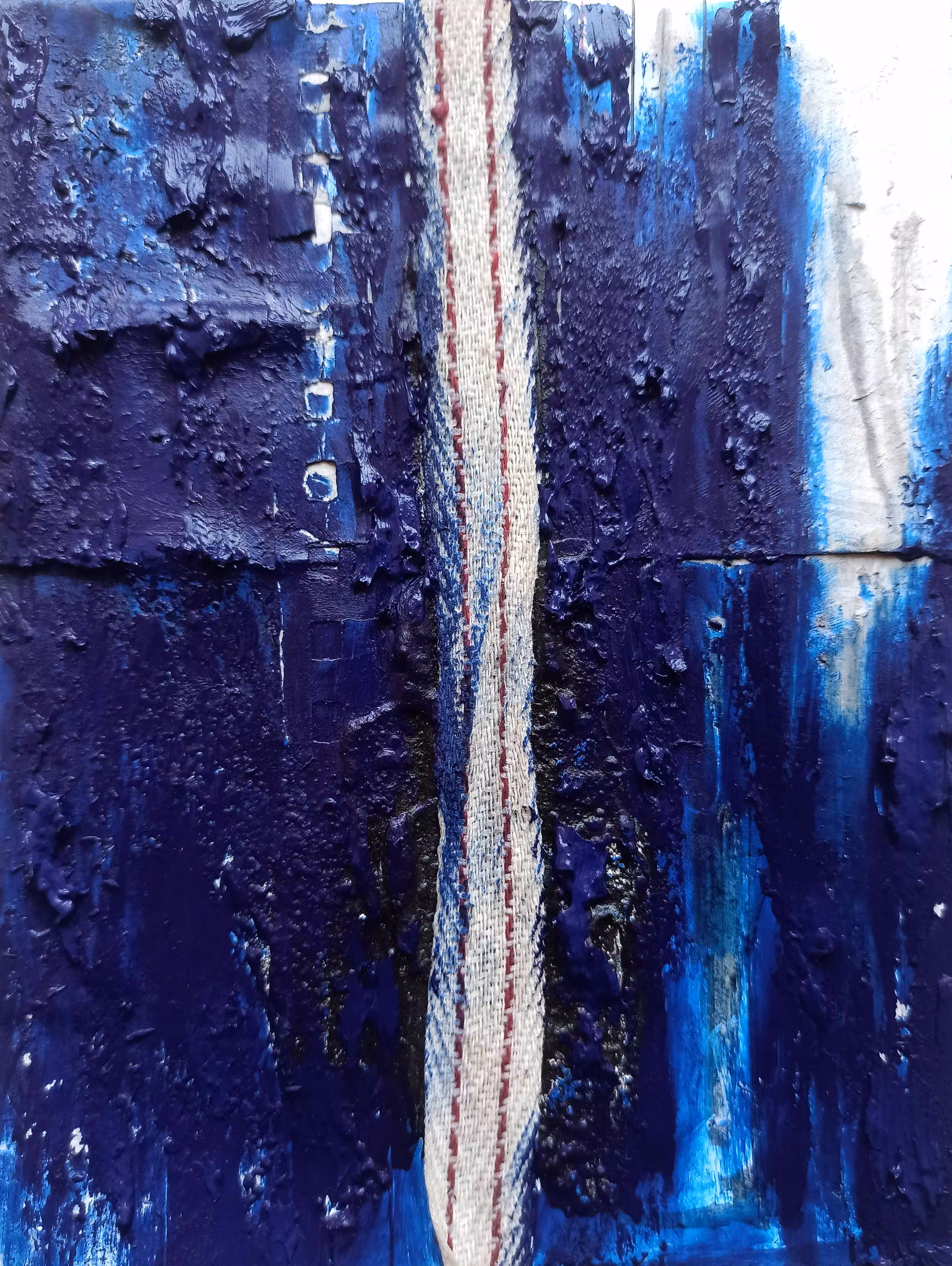 Mystic V: Chalk Powder, Glue, Acrylic paint, Discarded Ribbon, Discarded Paper, Alcohol