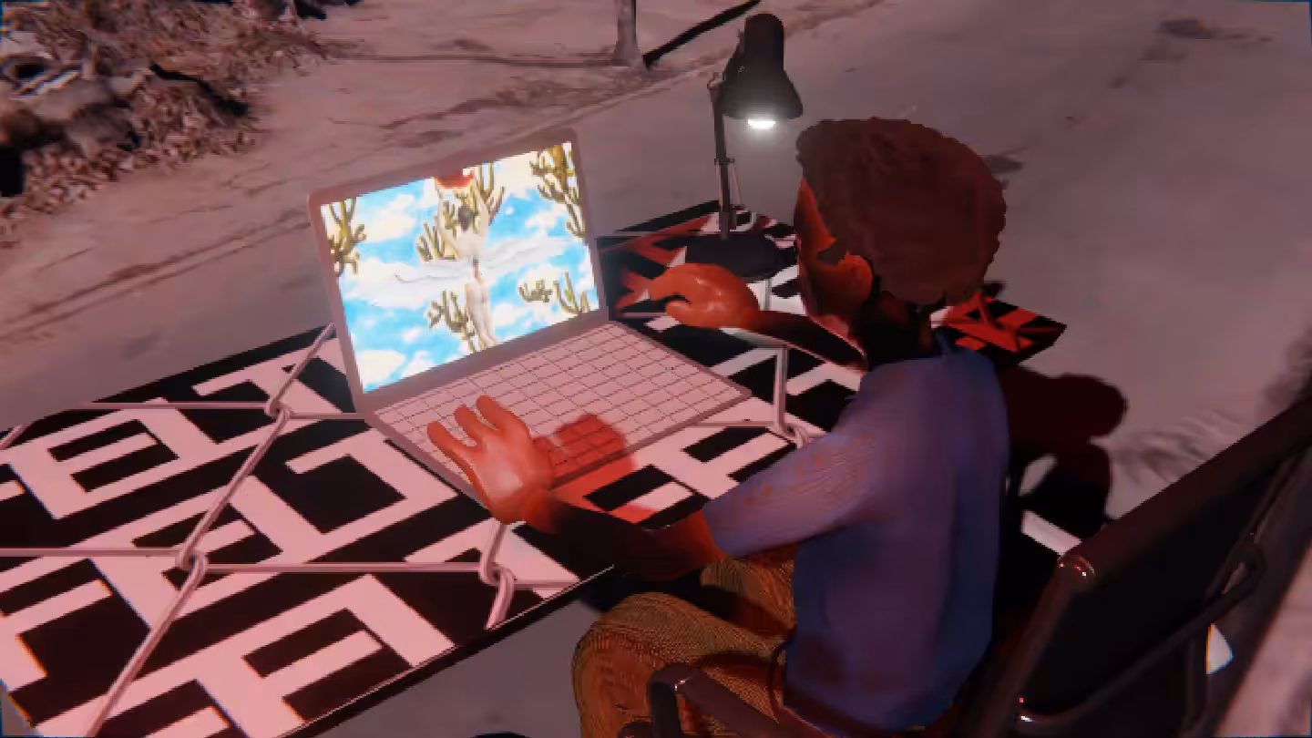 Desktop #91: The Developer in the Black Slim Chair With a Desk Lamp and a Gardens Monitor on a Barbed Wire Table in Conflict