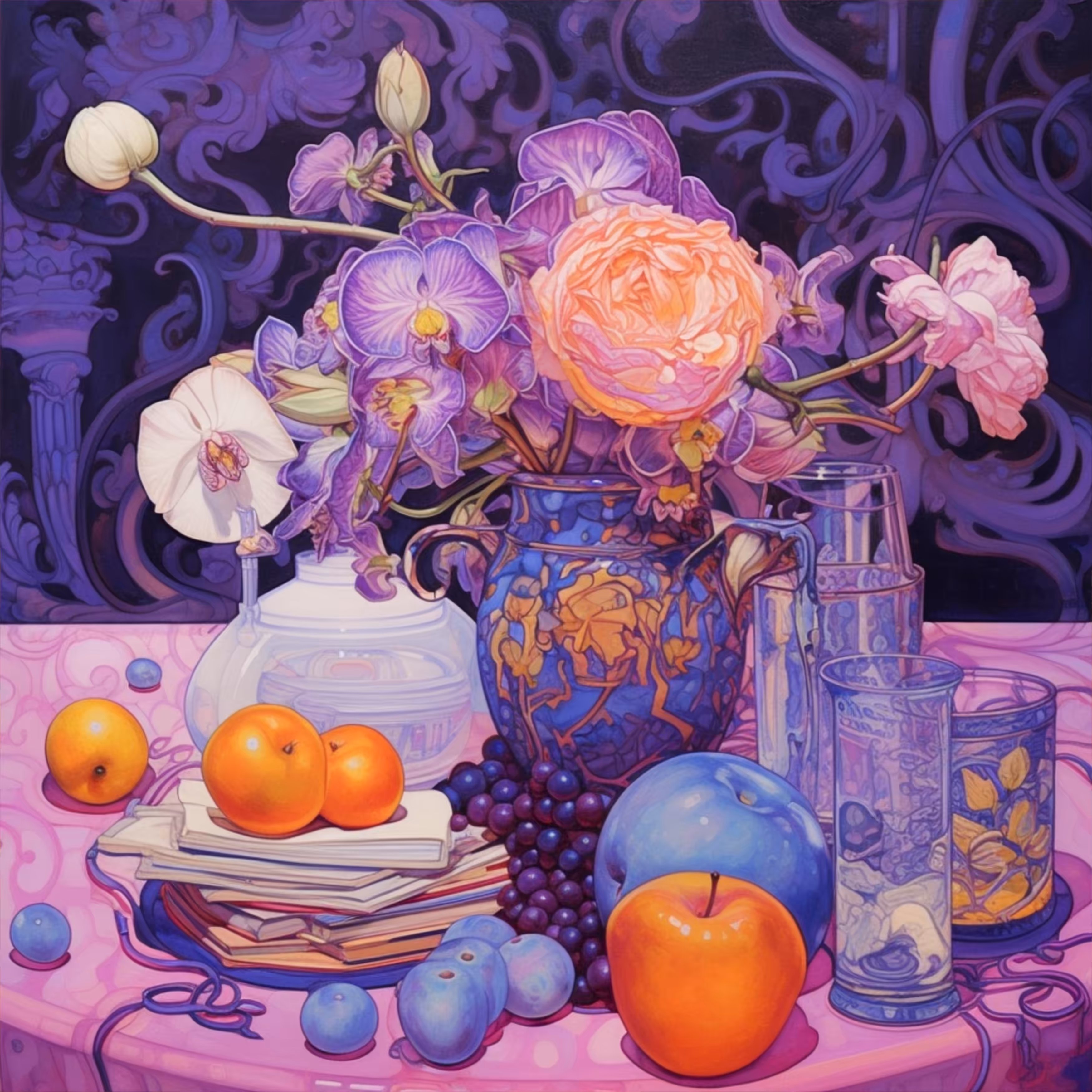 Purple vase. Oranges