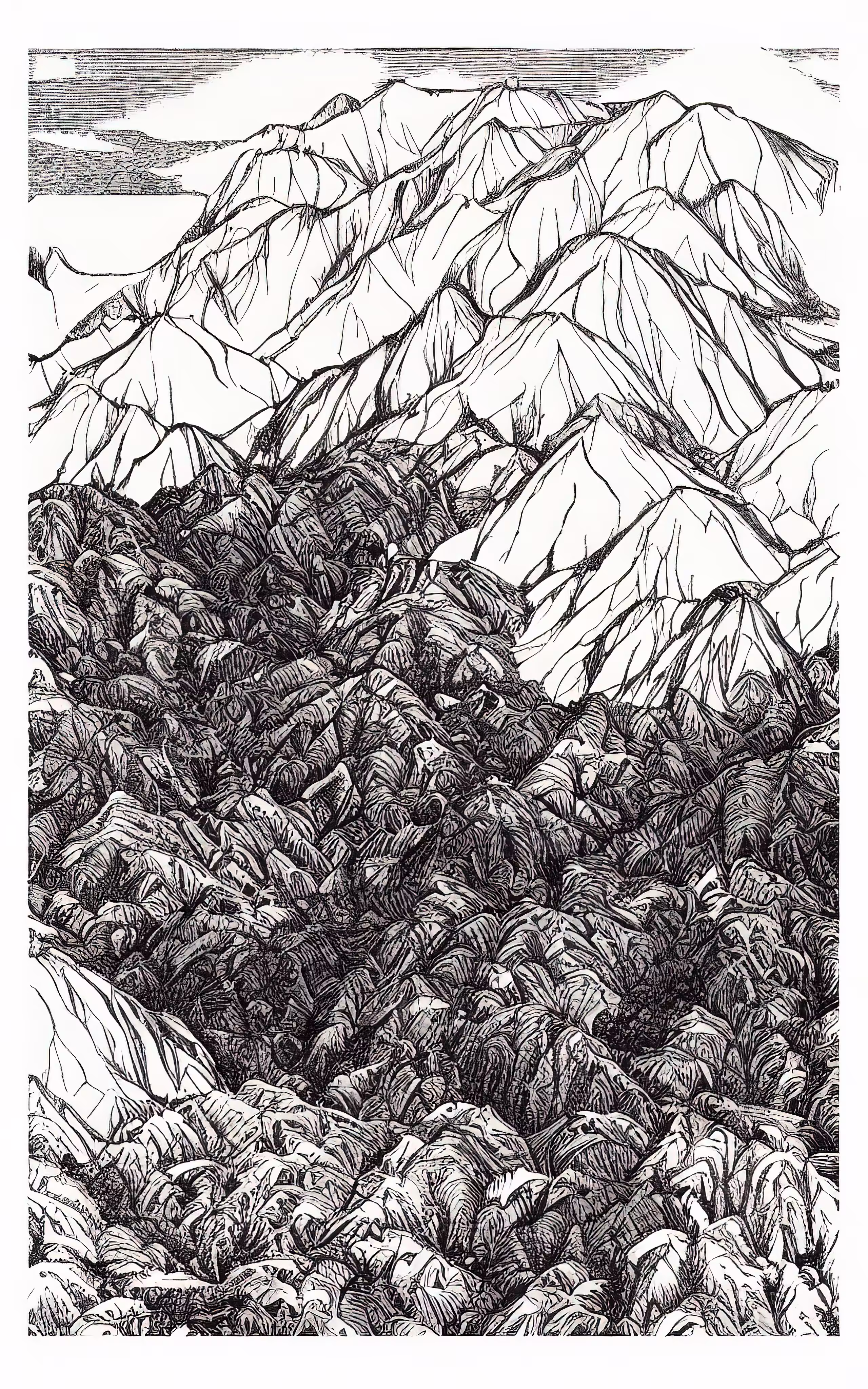 Machine drawing: tropical vegetation and mountains