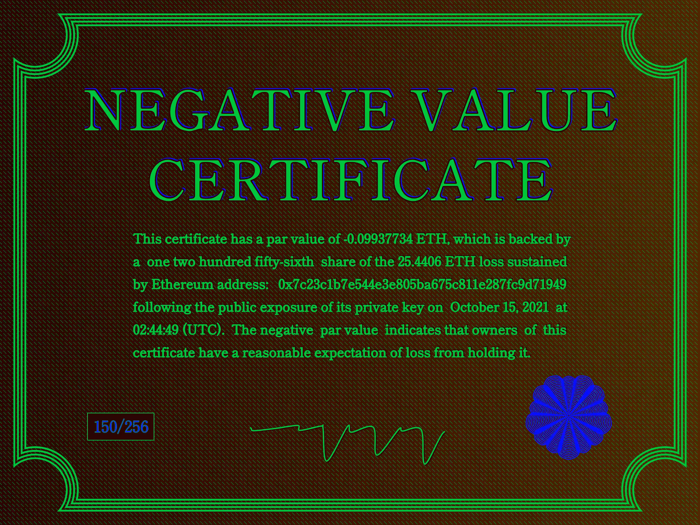 Negative Value Certificate #150 of 256