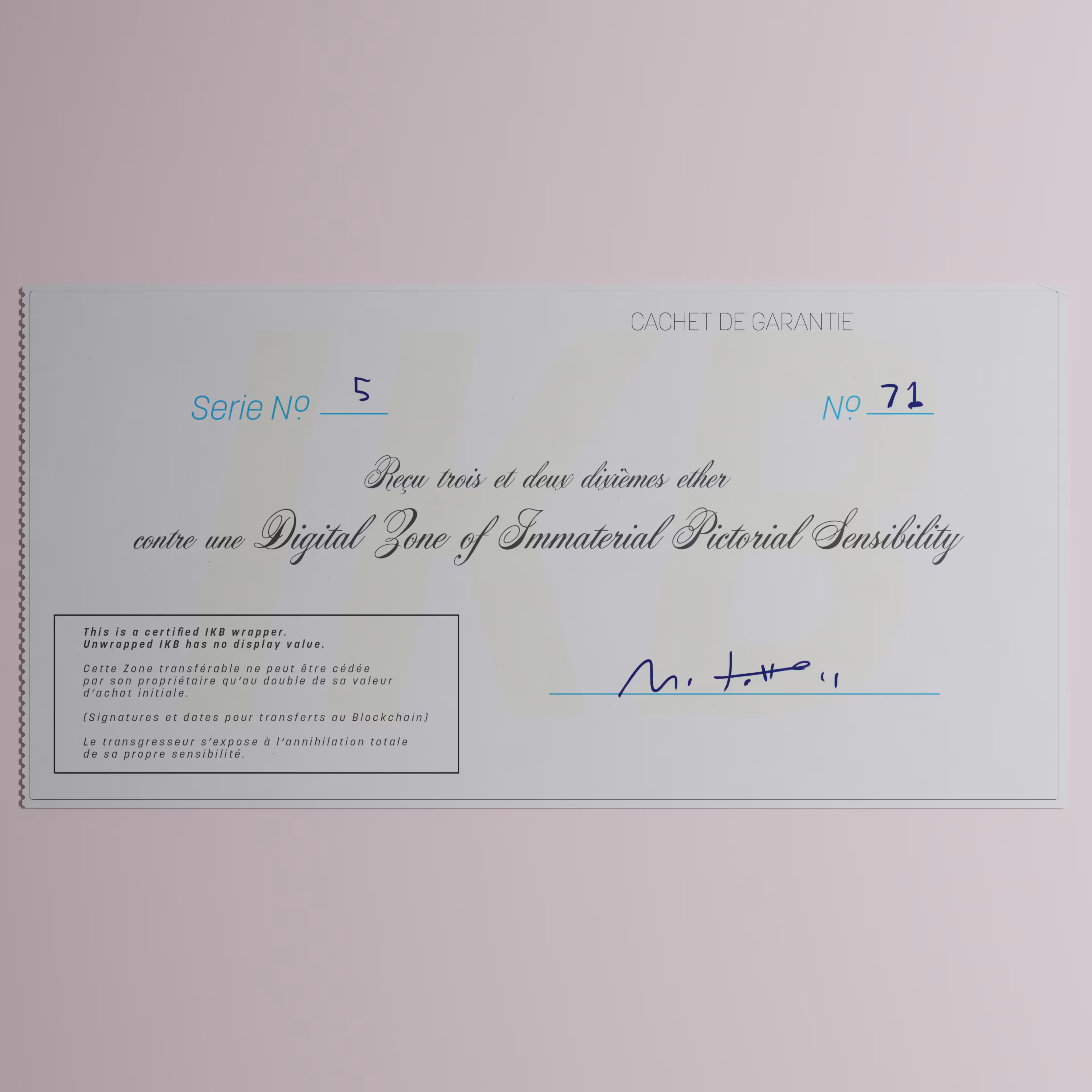 Digital Zone of Immaterial Pictorial Sensibility, Series 5, Edition 71. (Wrapped)