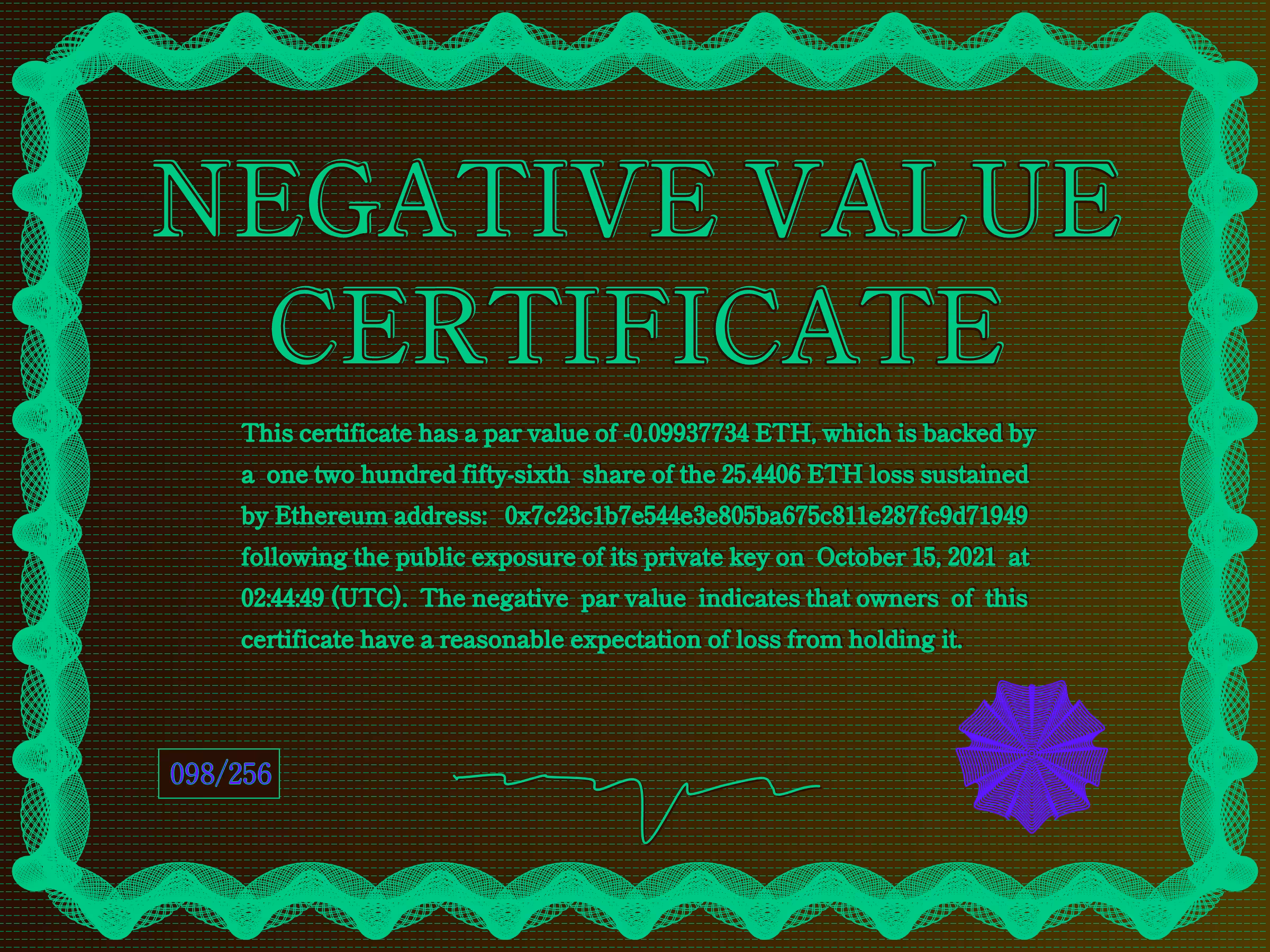 Negative Value Certificate #98 of 256