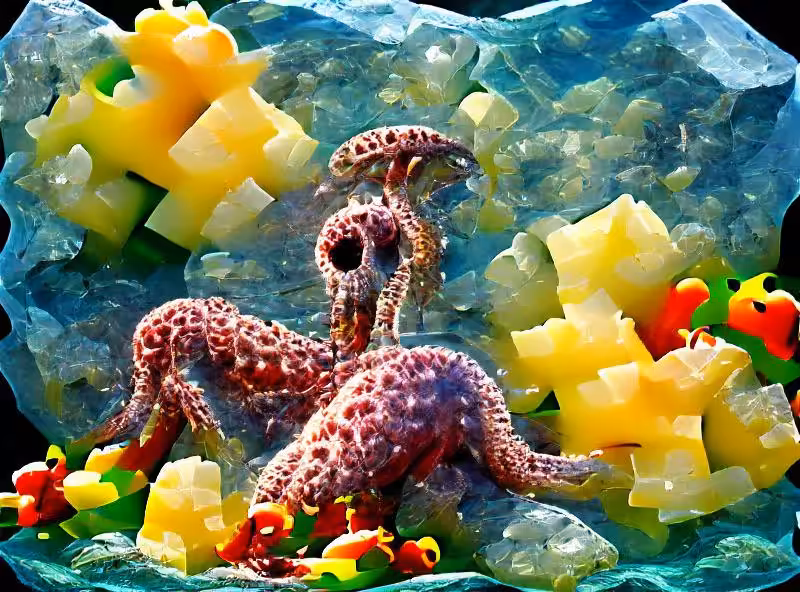 Abraham's First Works: A festering octopus atop crystals throws rocks in a shimmering lake filled with pineapples and gigantic peppers on a sunny day.
