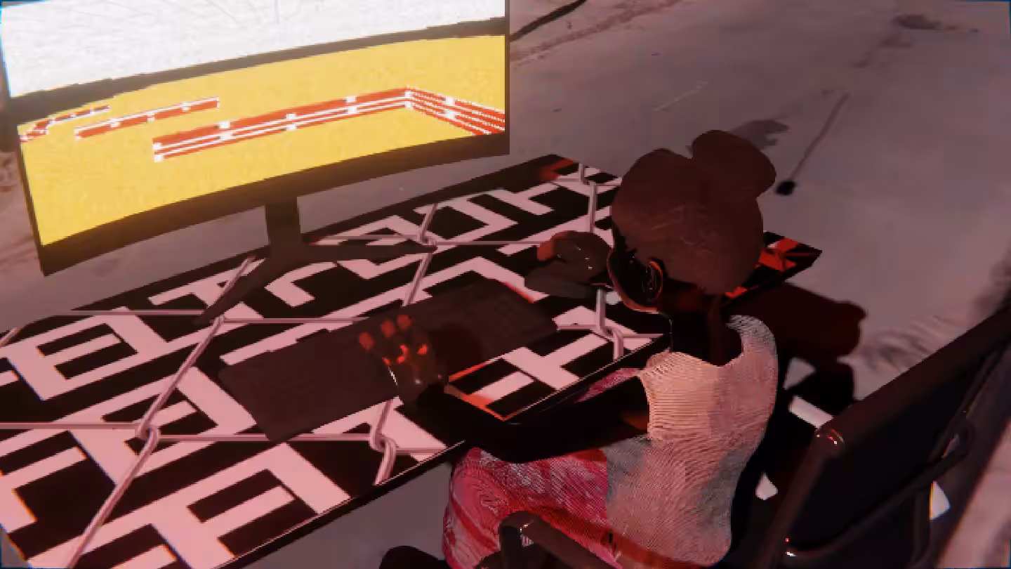 Desktop #207: The Military Brat in the Black Slim Chair With a Hanging Light and a Maze Monitor on a Barbed Wire Table in Conflict