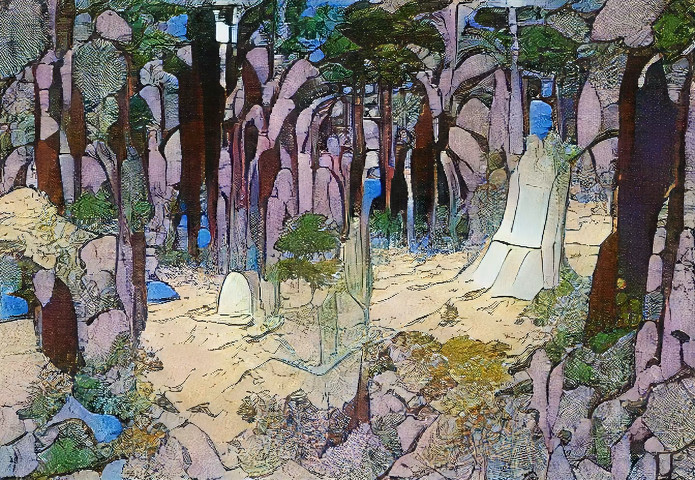 A FOREST SCENE IN THE STYLE OF MOEBIUS