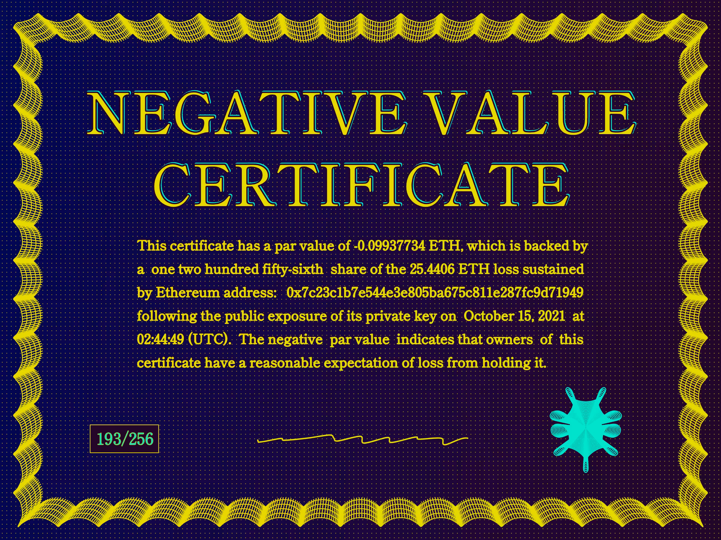 Negative Value Certificate #193 of 256