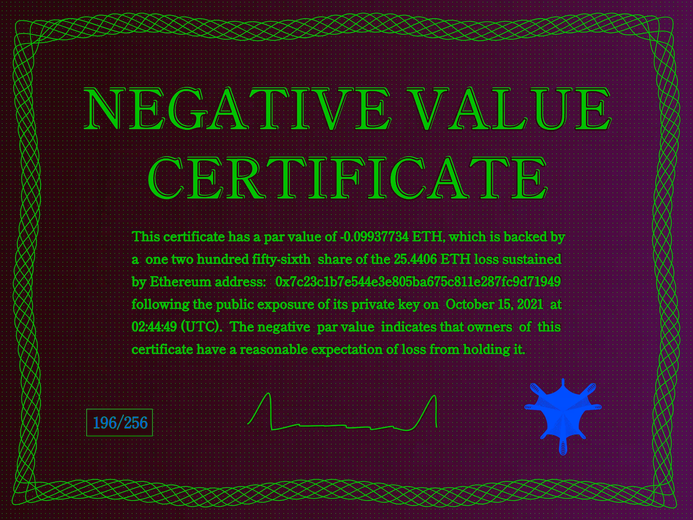 Negative Value Certificate #196 of 256