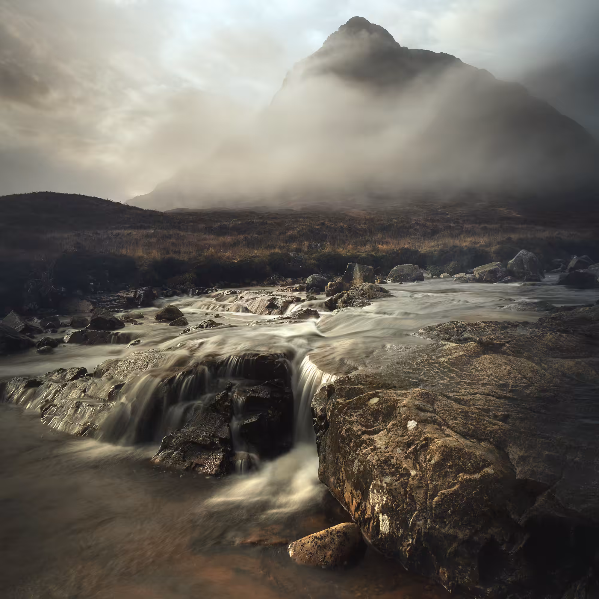 River Coupall & Stob Dearg in misty morning, Glen Coe, Scotland