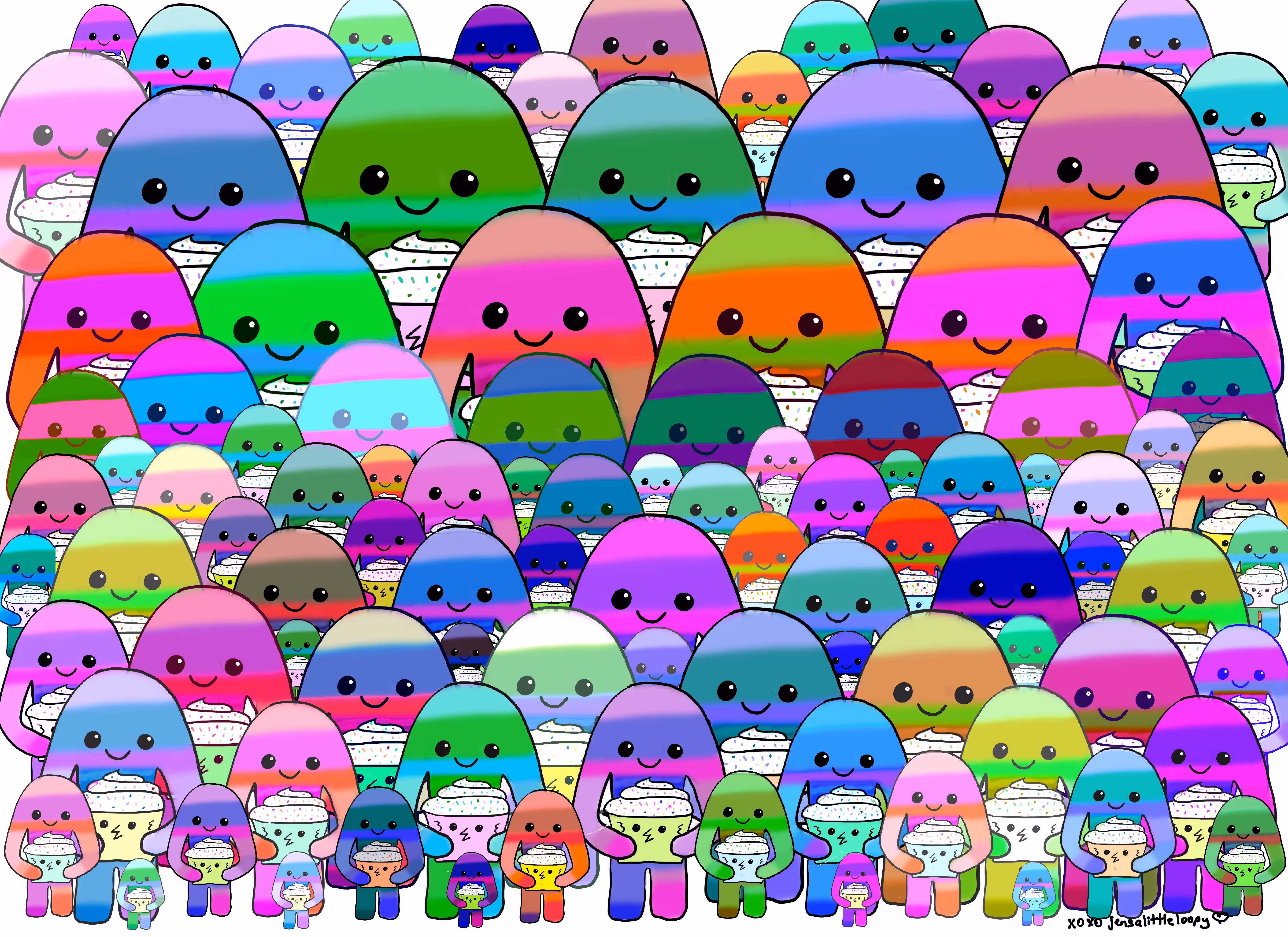 100 hugamonsters holding 100 HEN cupcakes