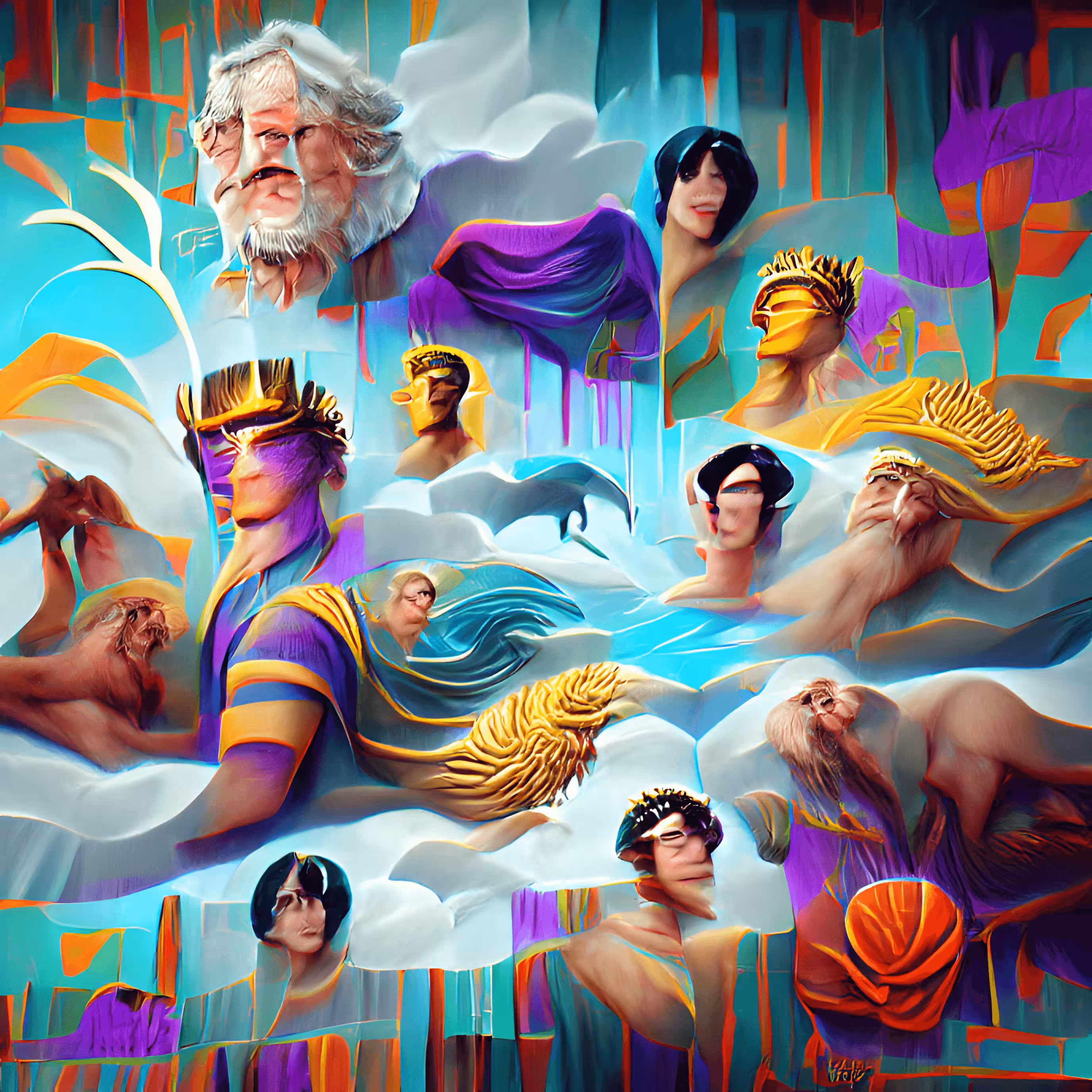 Twelve Gods of Olympus in the Style of David Hockney