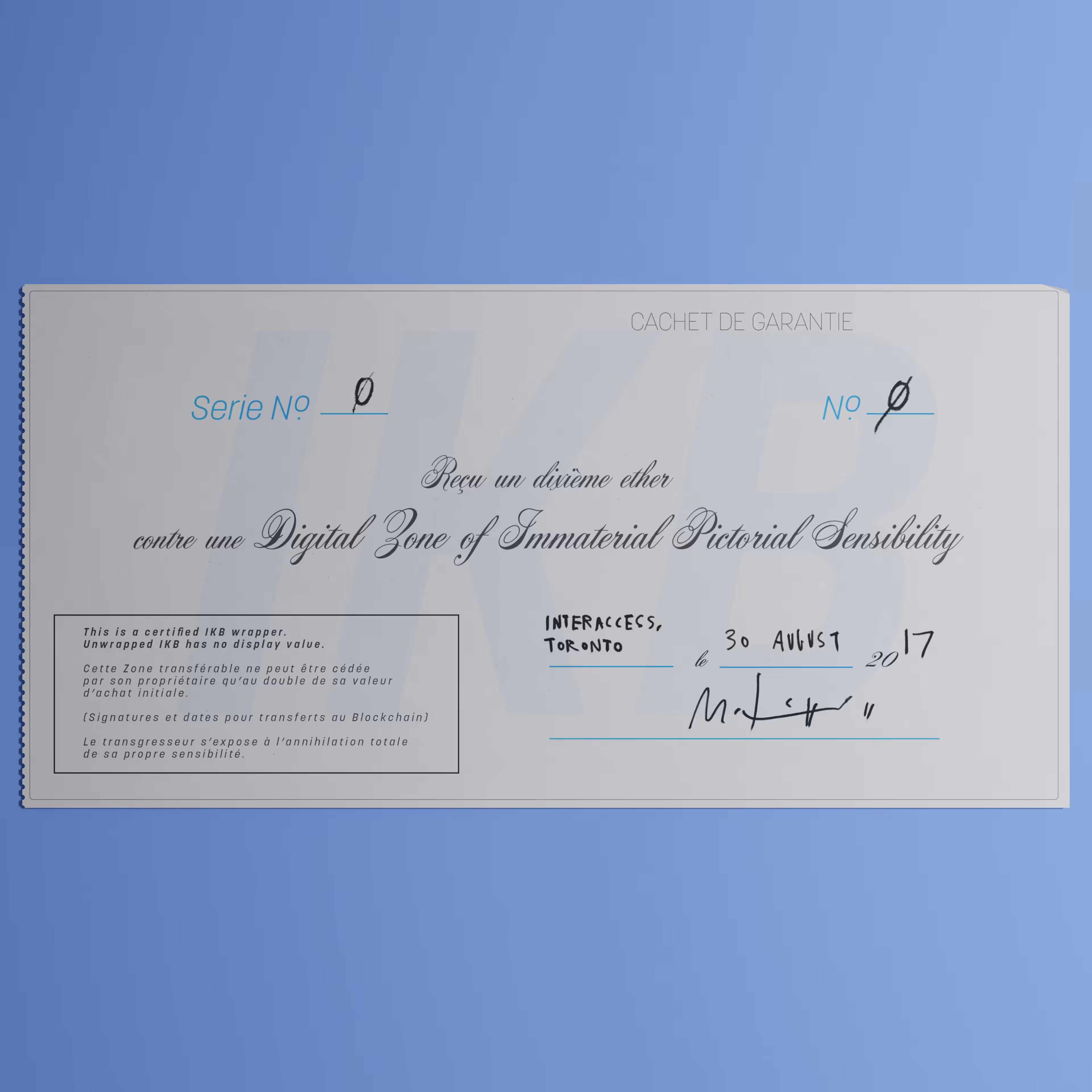Digital Zone of Immaterial Pictorial Sensibility, Series 0, Edition 0. (Wrapped)