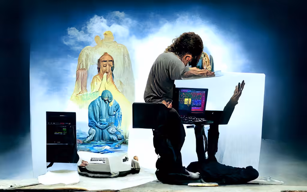 Artist praying for his computer to produce miracles