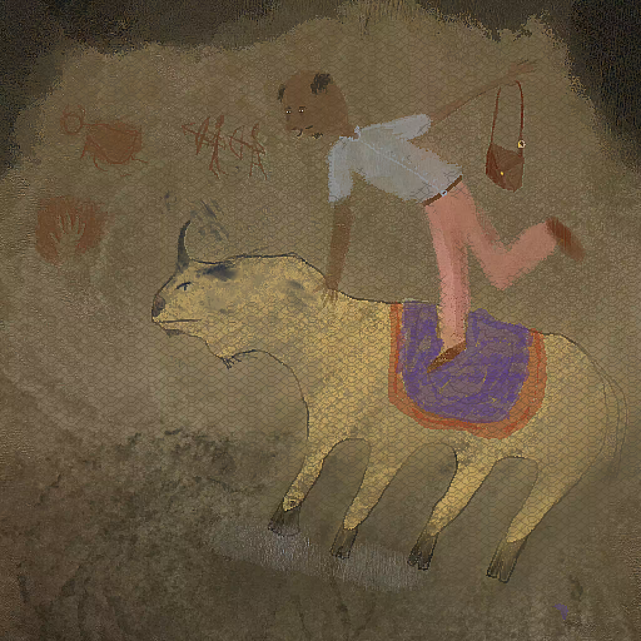 Bald guy with fancy purse riding a bull at a cave of archeological interest