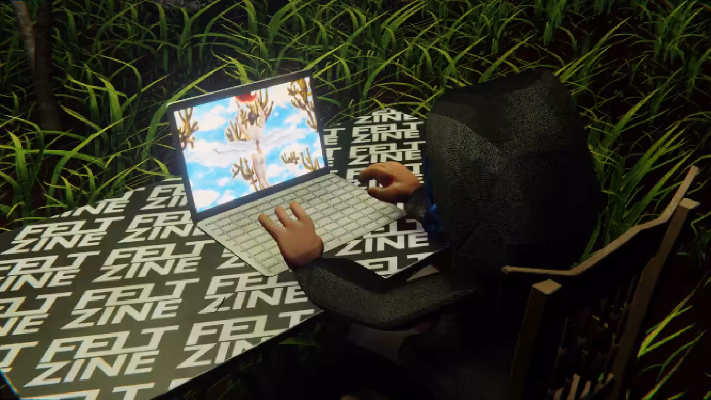 Desktop #304: The Hacker in the French Wood Chair With a Hanging Light and a Gardens Monitor on a Felt Zine Table in The Forest