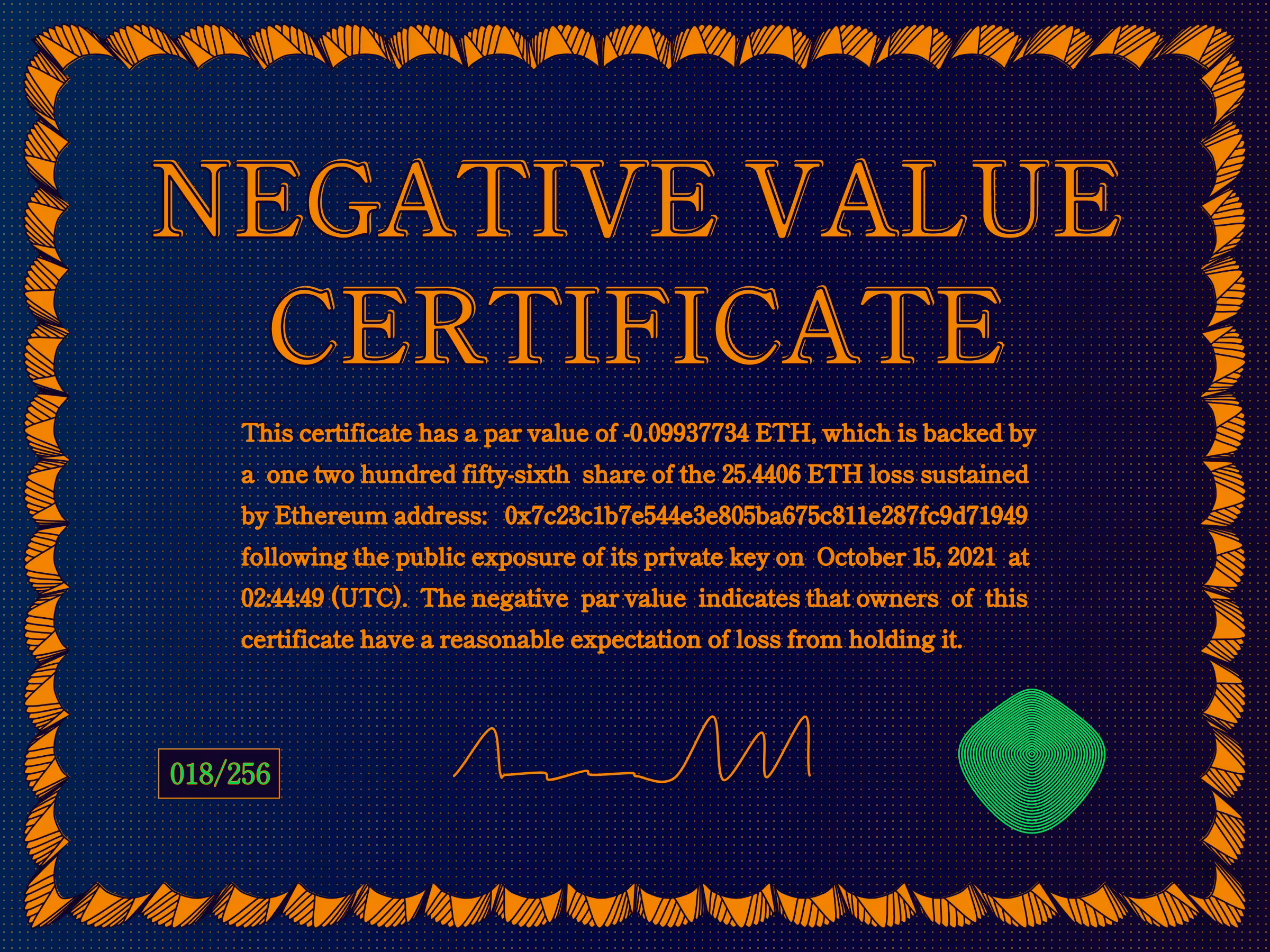 Negative Value Certificate #18 of 256