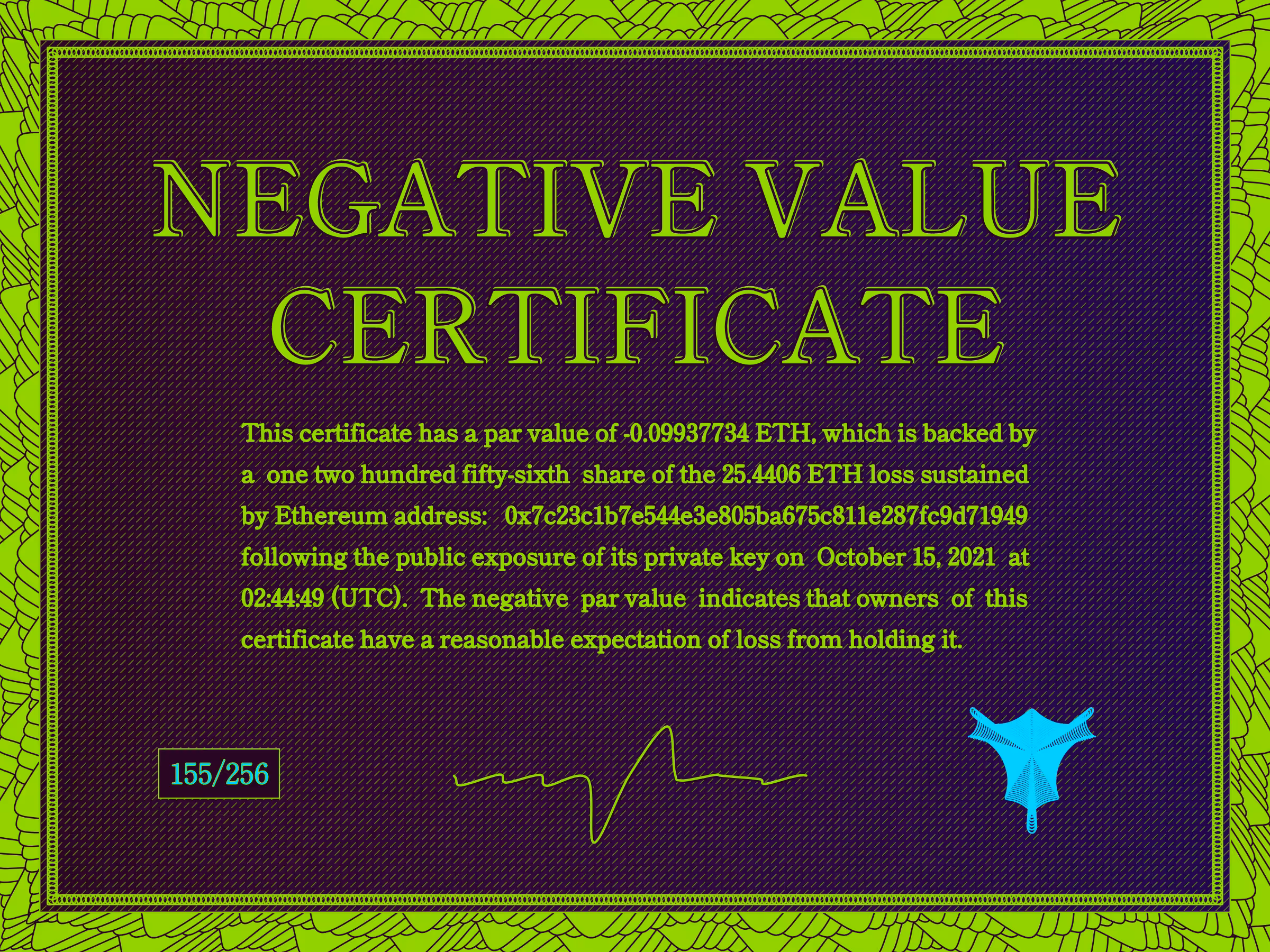 Negative Value Certificate #155 of 256