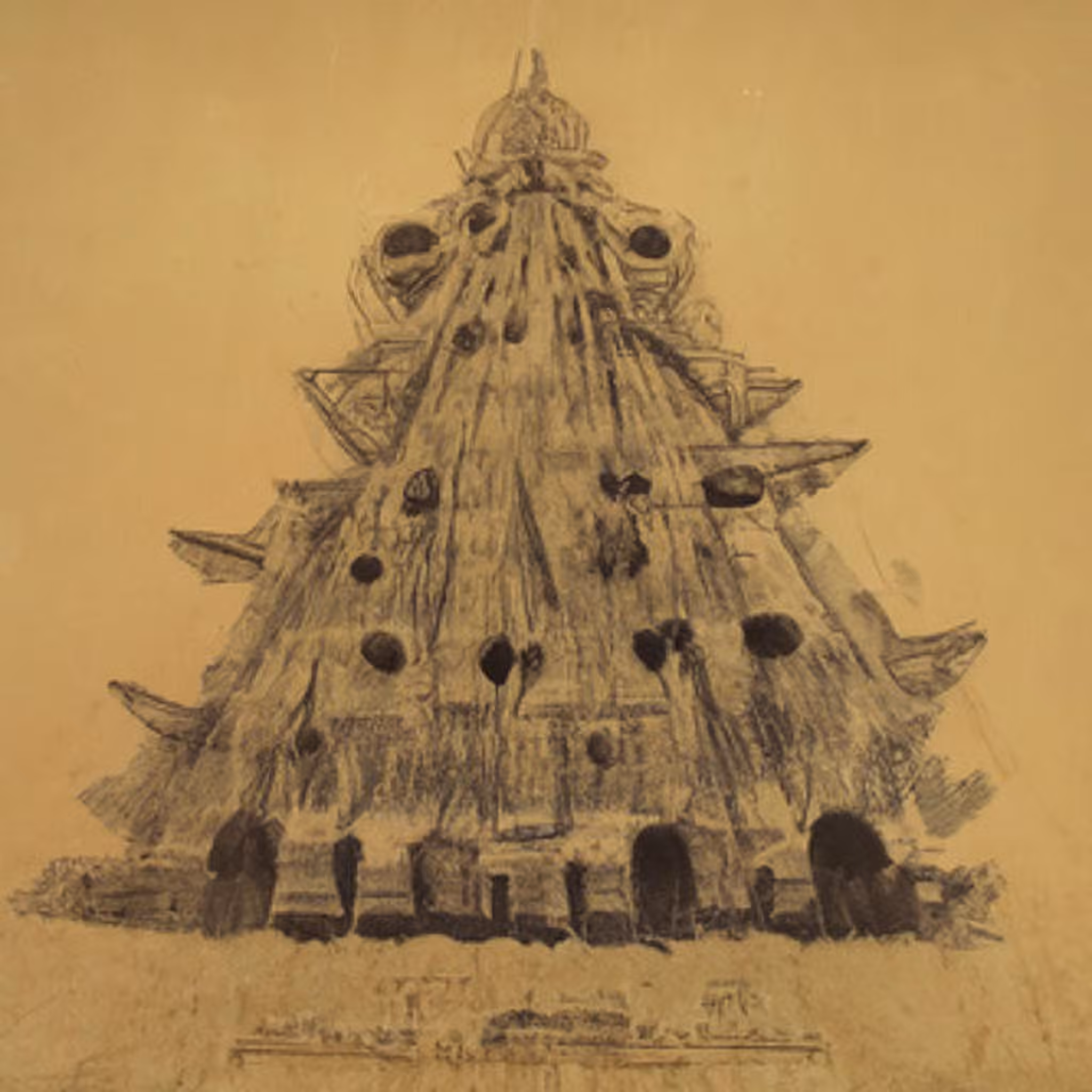 A decorated christmas tree penccil drawing by Hugh Ferriss